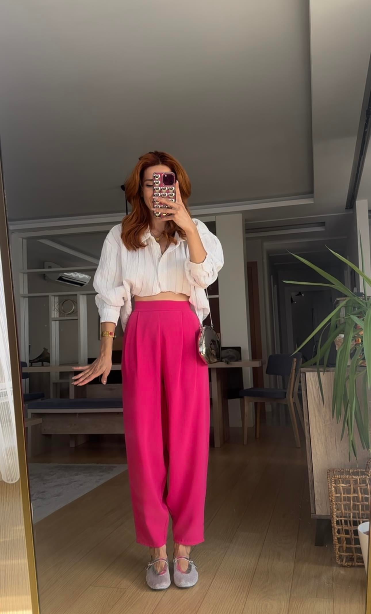 Fuşya Bel Lastikli Şalvar Pantolon