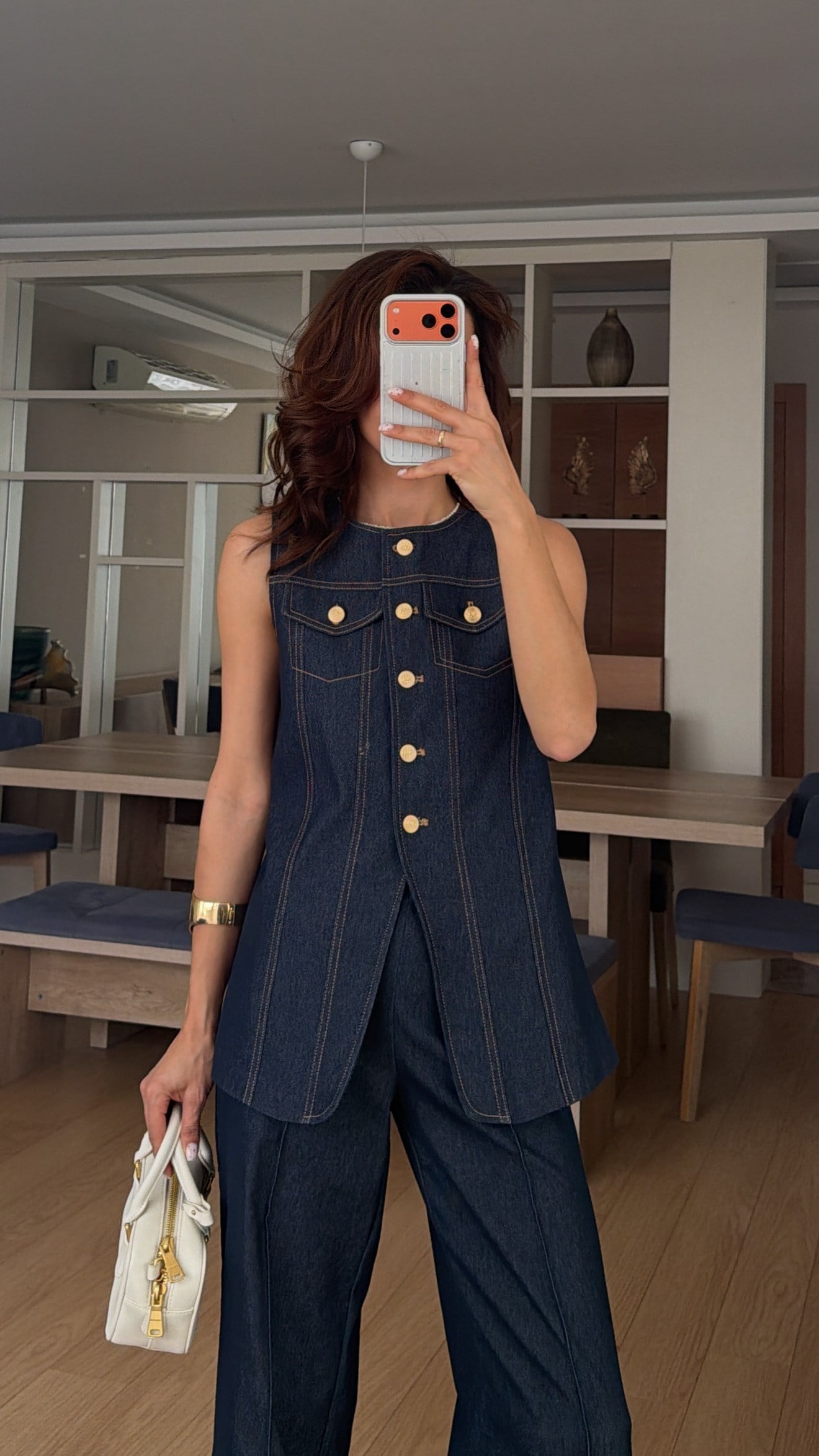 Gold Düğmeli Açık Lacivert Denim Takım 