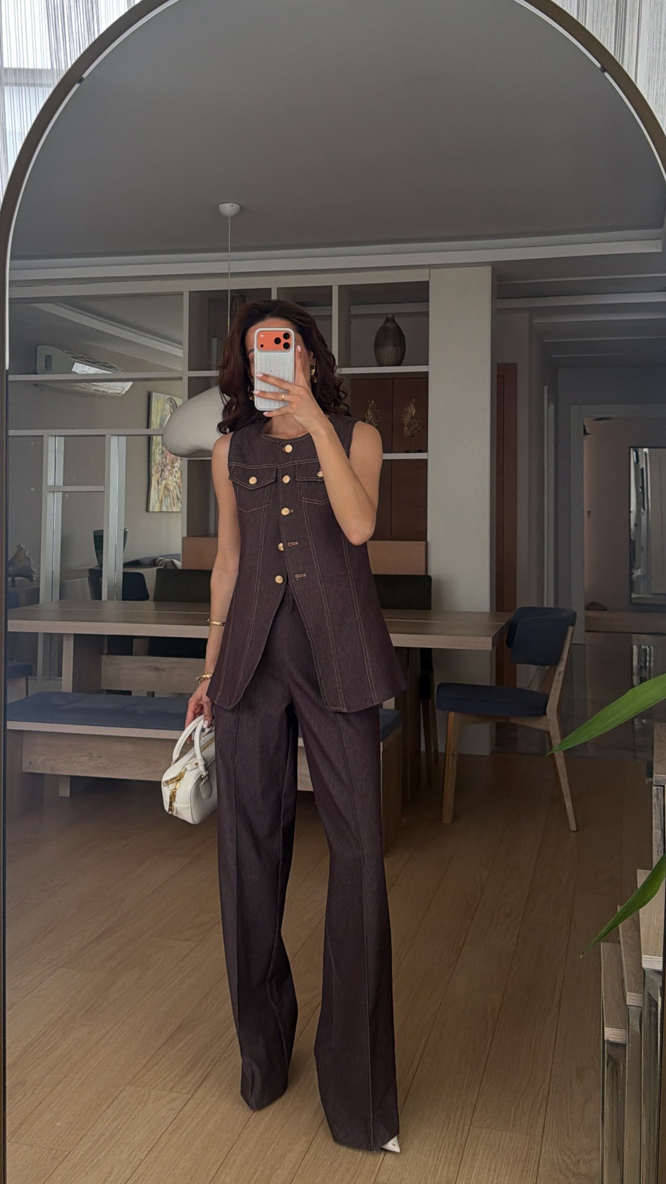 Gold Düğmeli Kahve Denim Takım 