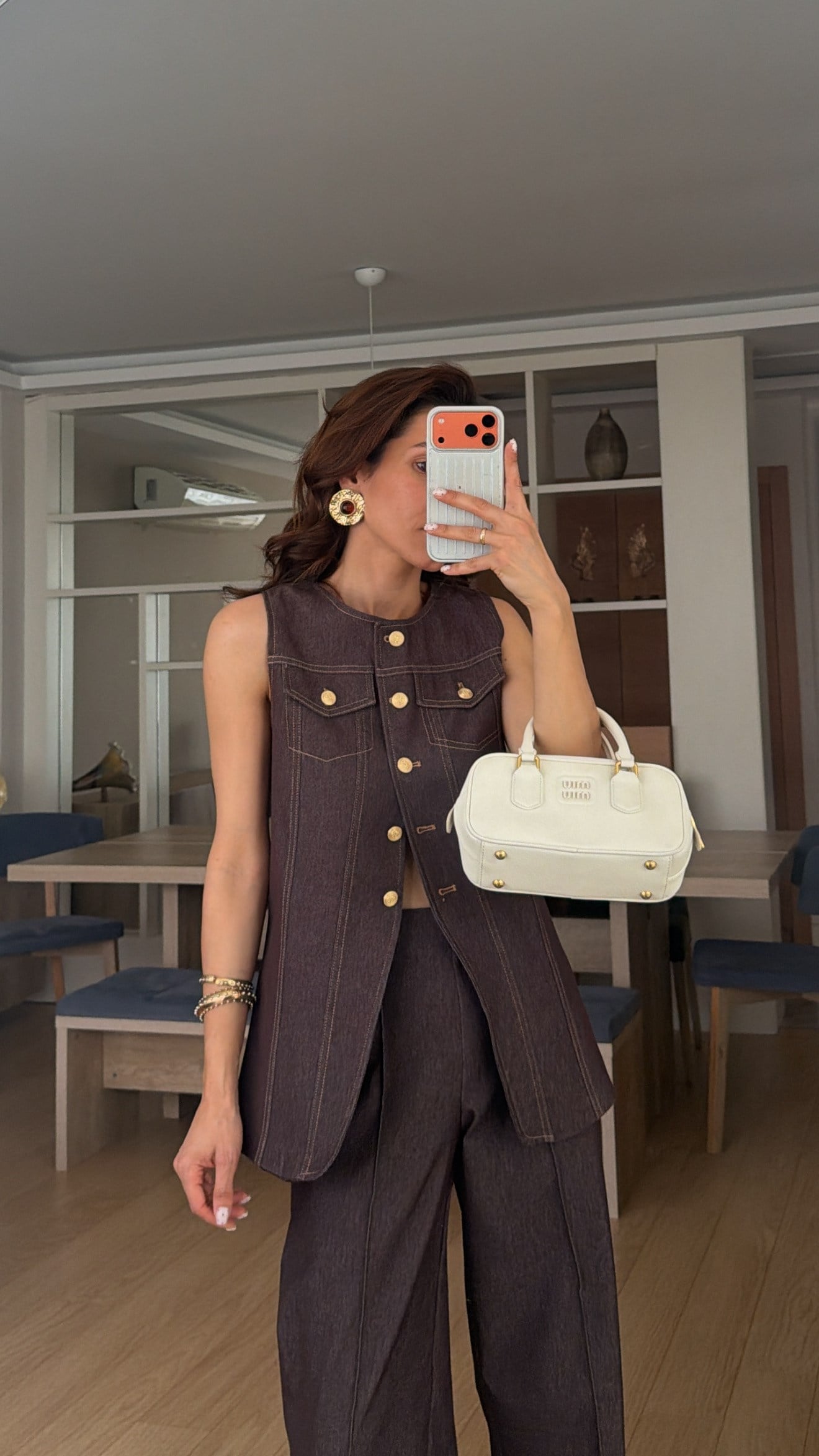 Gold Düğmeli Kahve Denim Takım 
