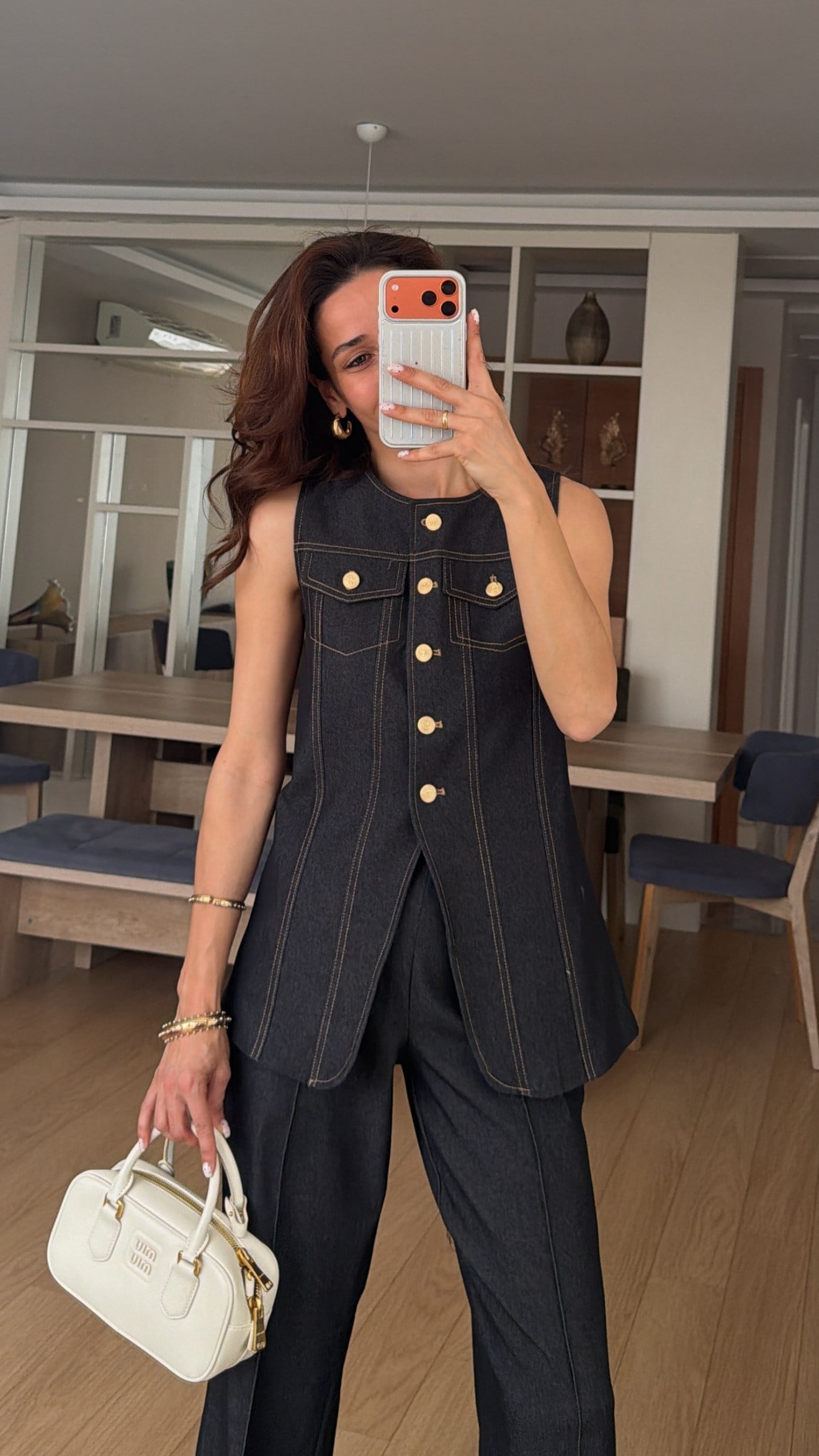 Gold Düğmeli Lacivert Denim Takım 