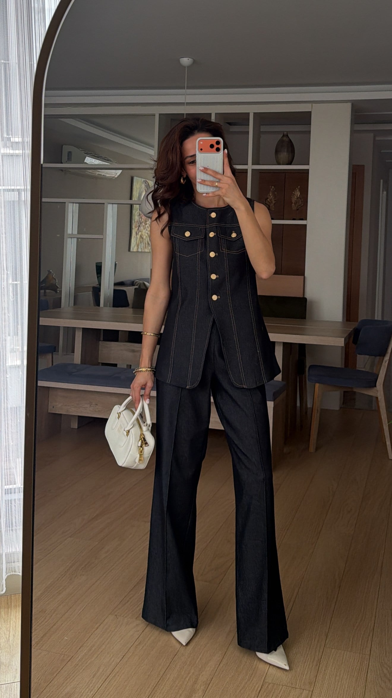 Gold Düğmeli Lacivert Denim Takım 