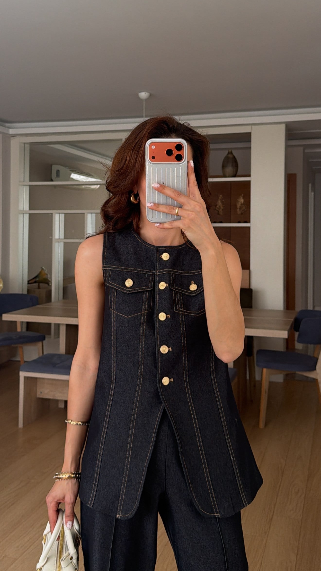 Gold Düğmeli Lacivert Denim Takım 