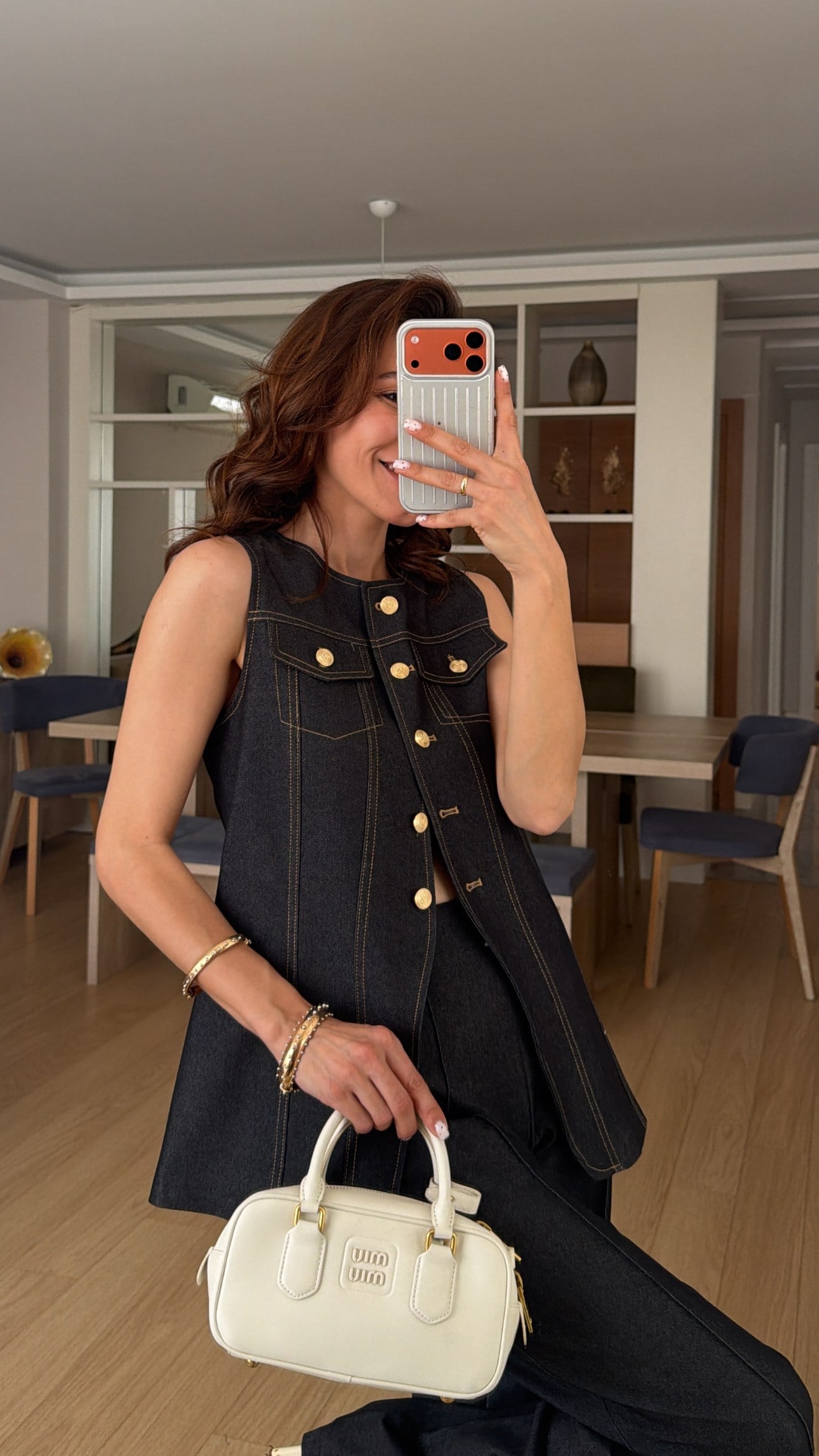 Gold Düğmeli Lacivert Denim Takım 