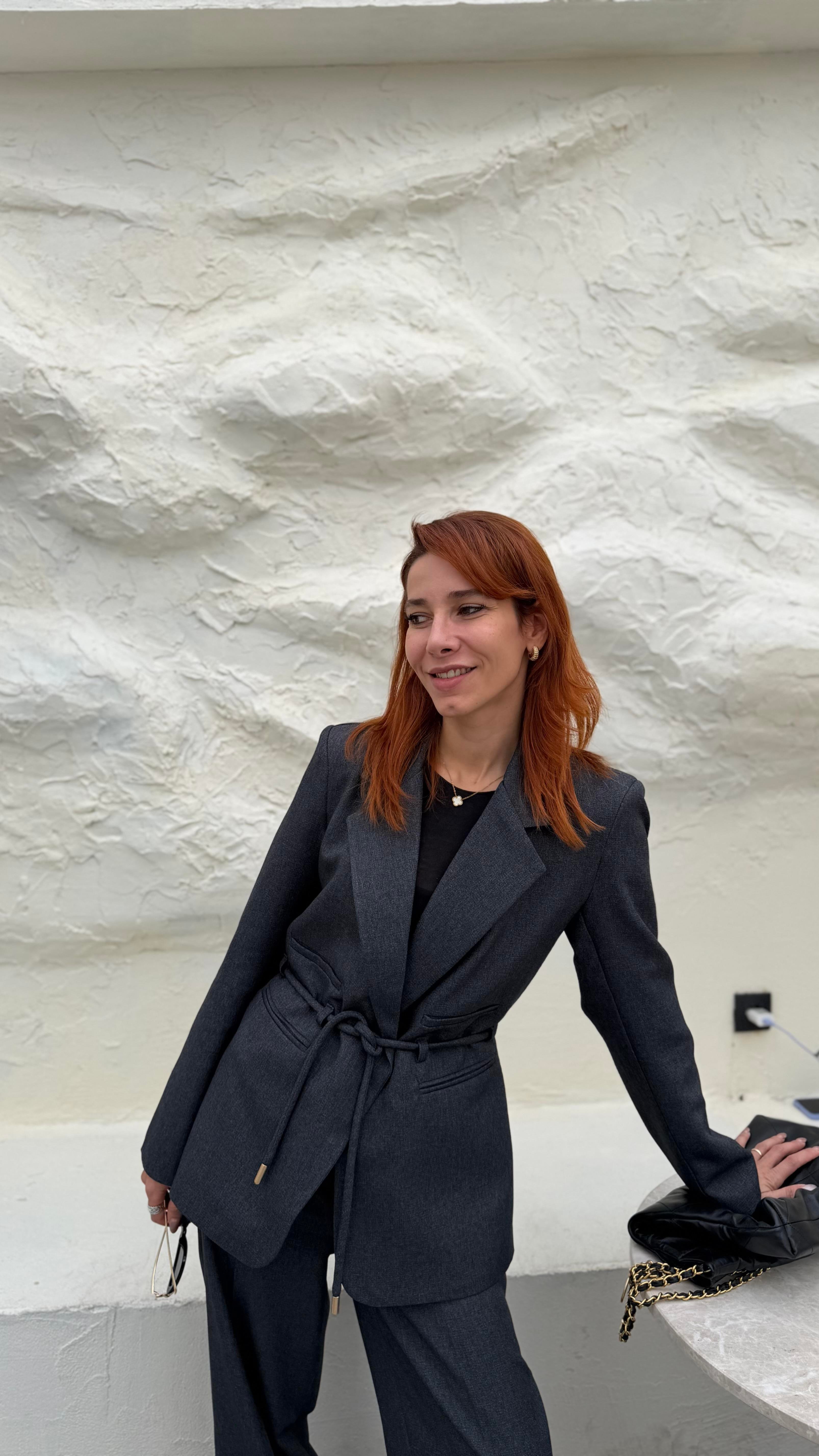 Gri Önden Bağlama Ceket Bel Lastikli Pantolon Takım Elbise