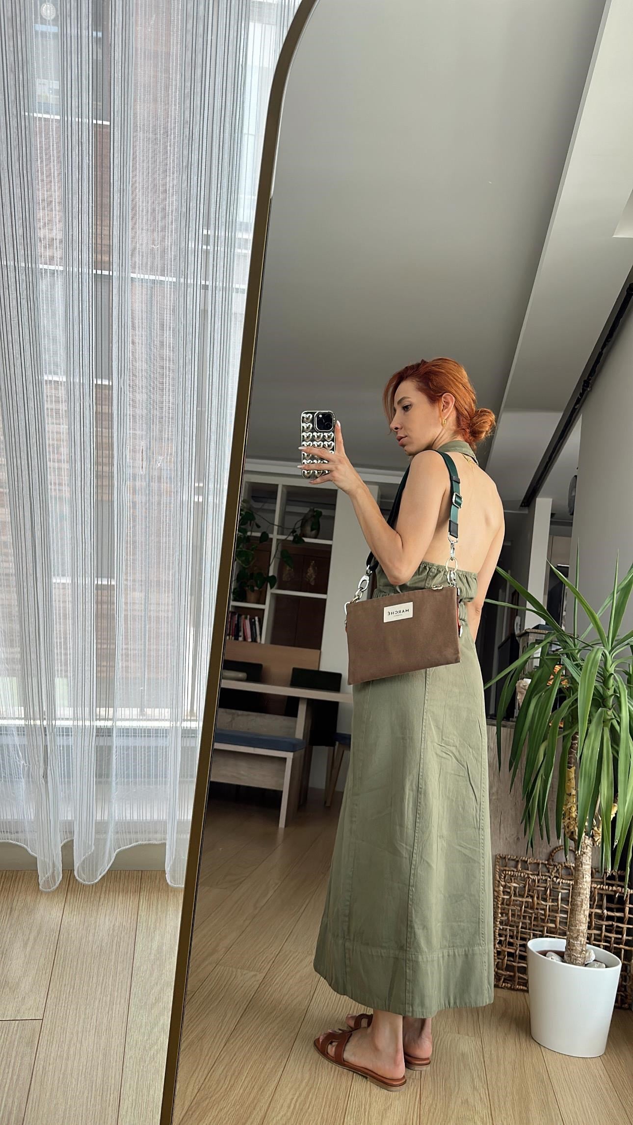 Haki Sırt Dekolte Yıkamalı Keten Gabardin Kruvaze Elbise