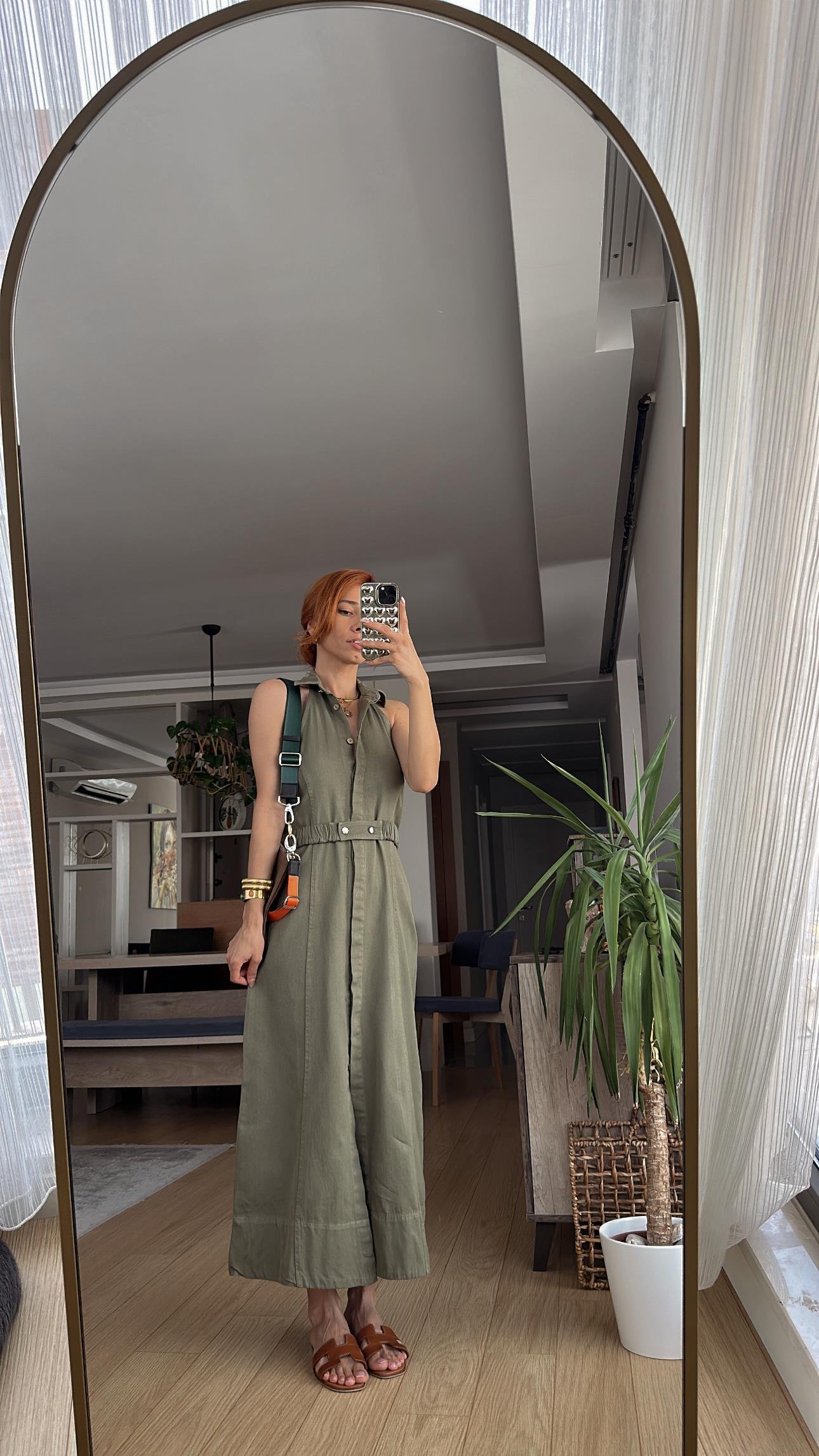 Haki Sırt Dekolte Yıkamalı Keten Gabardin Kruvaze Elbise