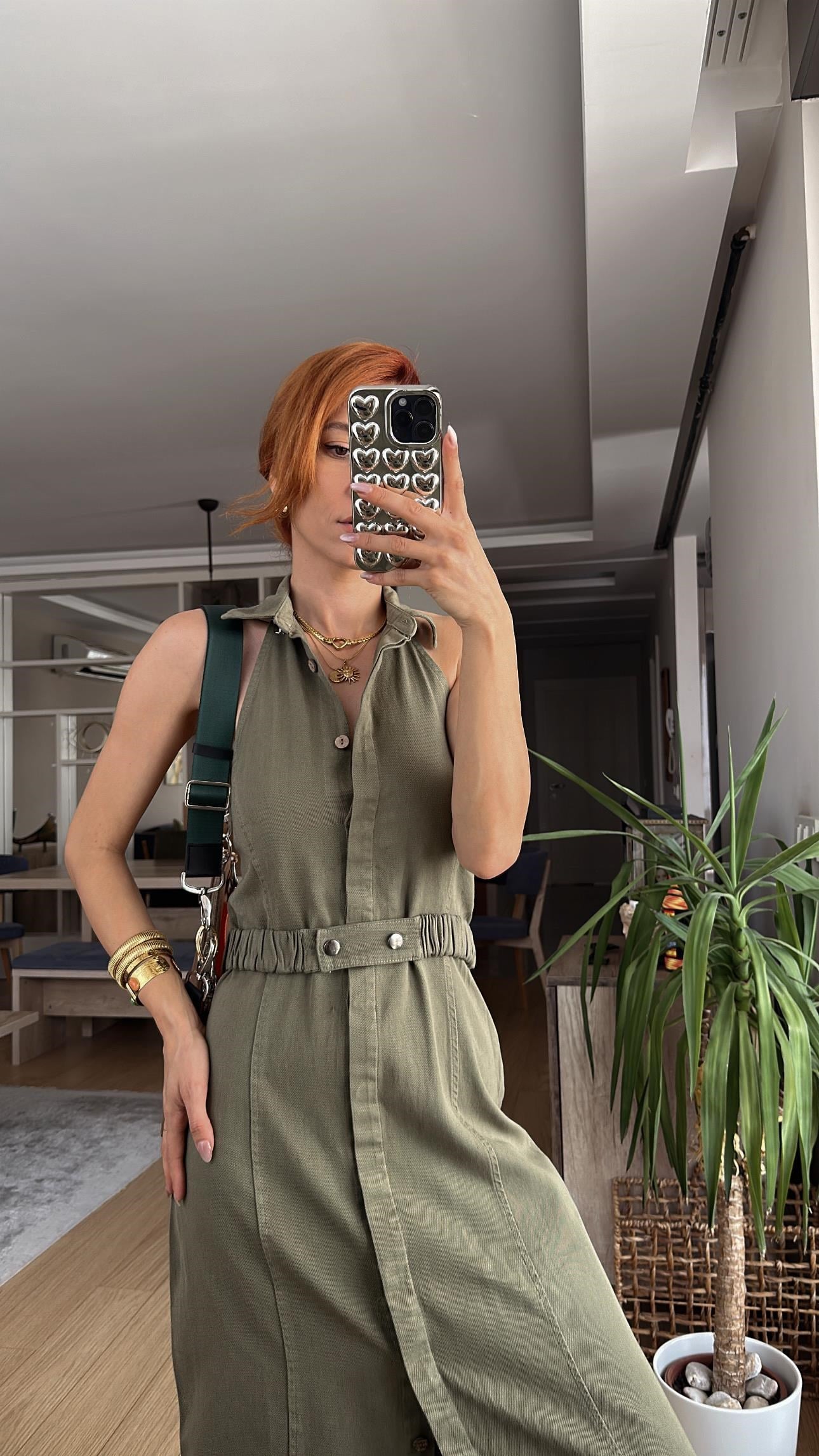 Haki Sırt Dekolte Yıkamalı Keten Gabardin Kruvaze Elbise