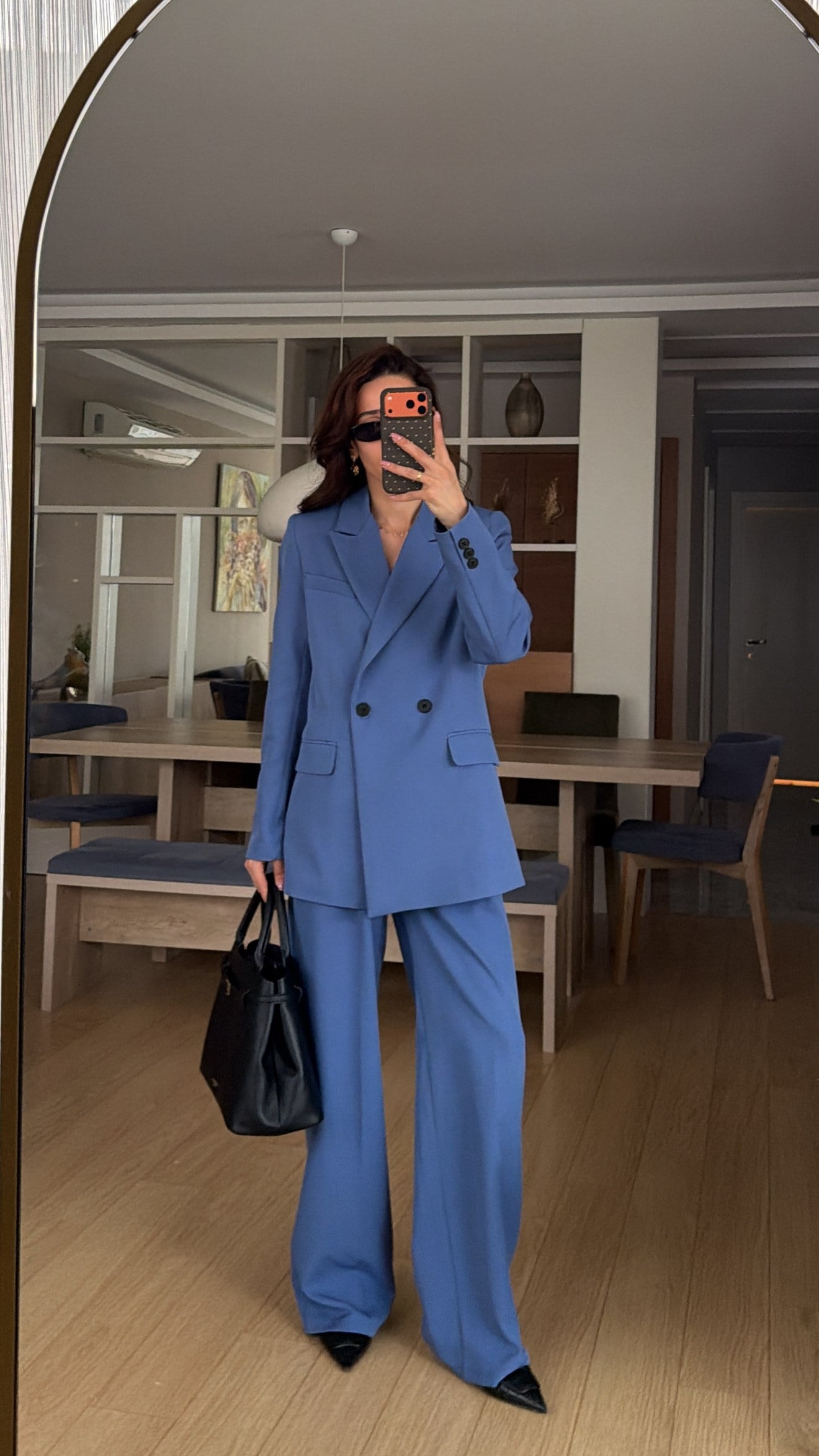 HAVACI MAVİ İNDİGO  PALAZZO PANTOLON  OVERSIZE ASTARLI CEKET TAKIM1