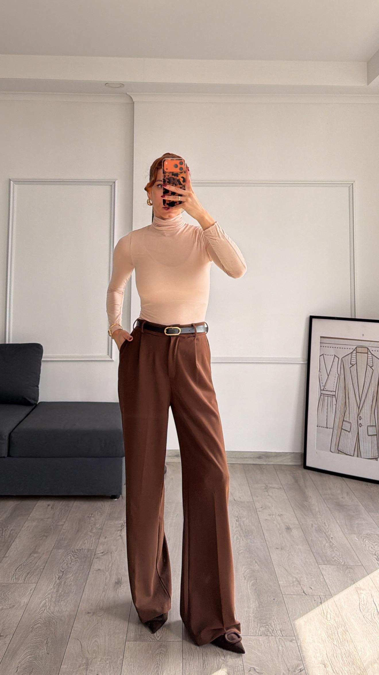Kahve  Beli Lastikli Kemerli Bol Pantolon