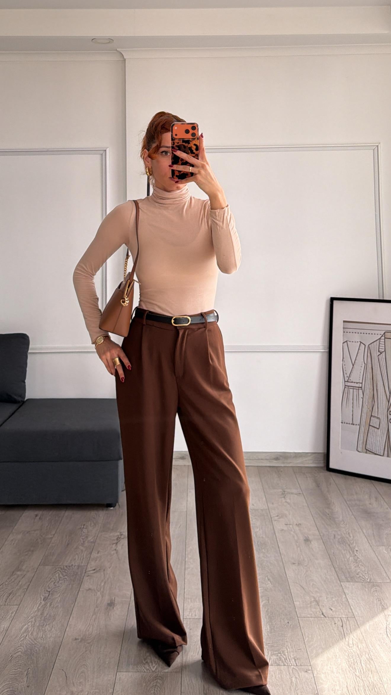 Kahve  Beli Lastikli Kemerli Bol Pantolon