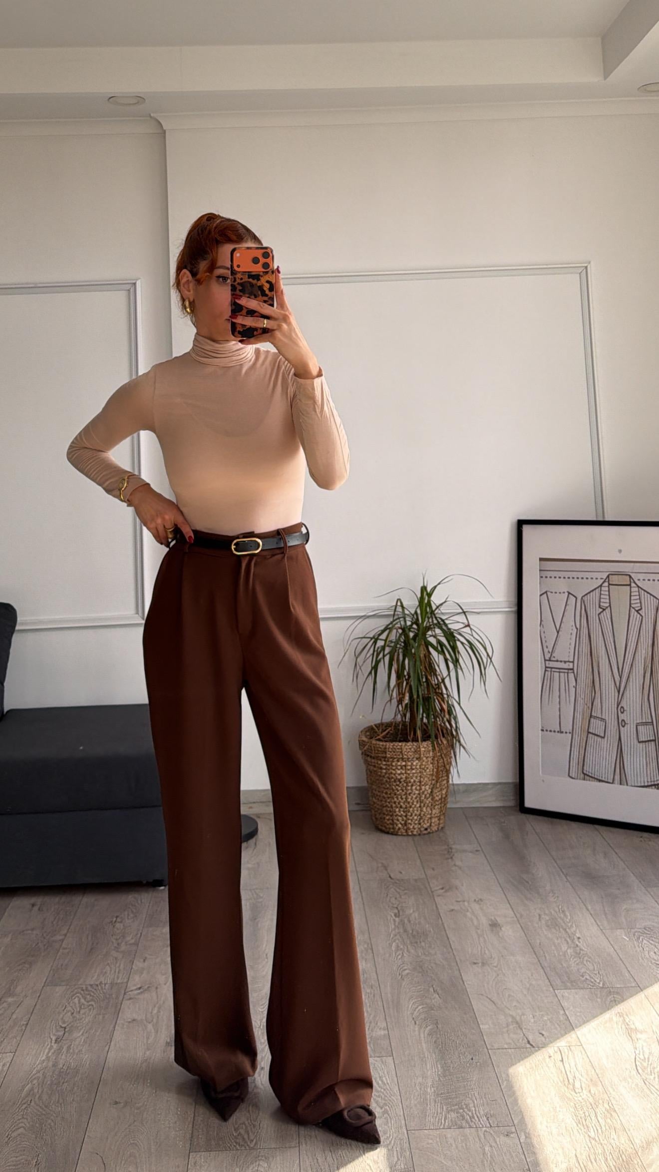 Kahve  Beli Lastikli Kemerli Bol Pantolon