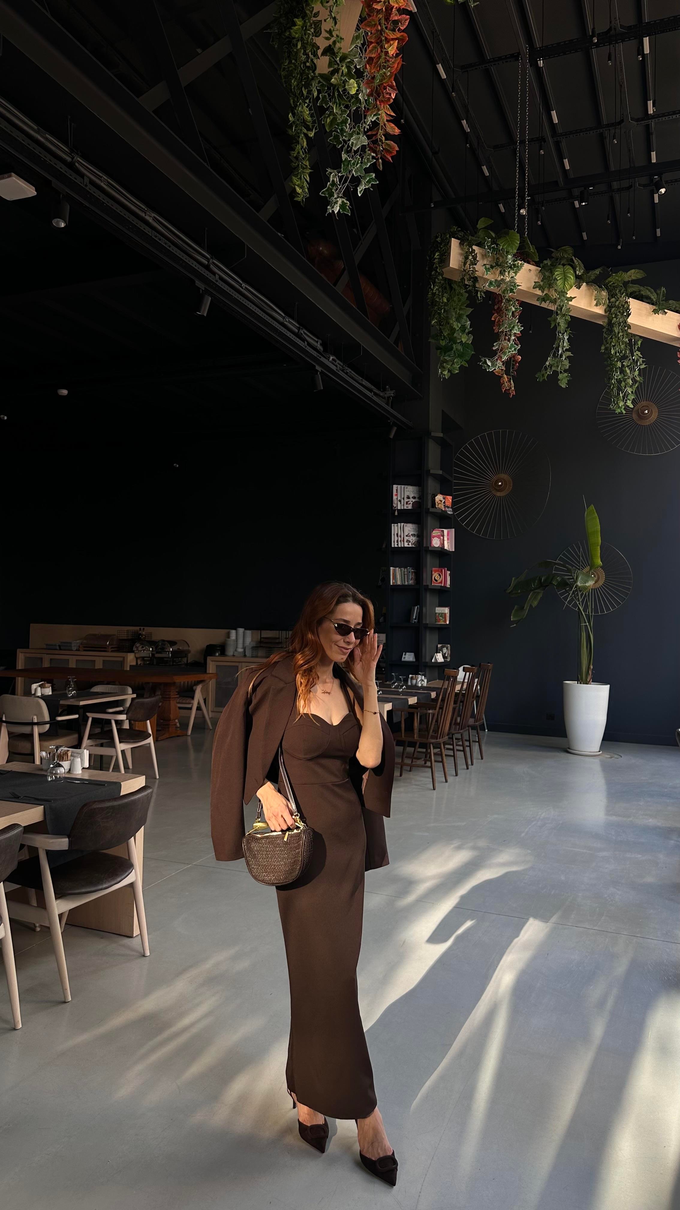 Kahve Kalem Elbise Ceket Takım 