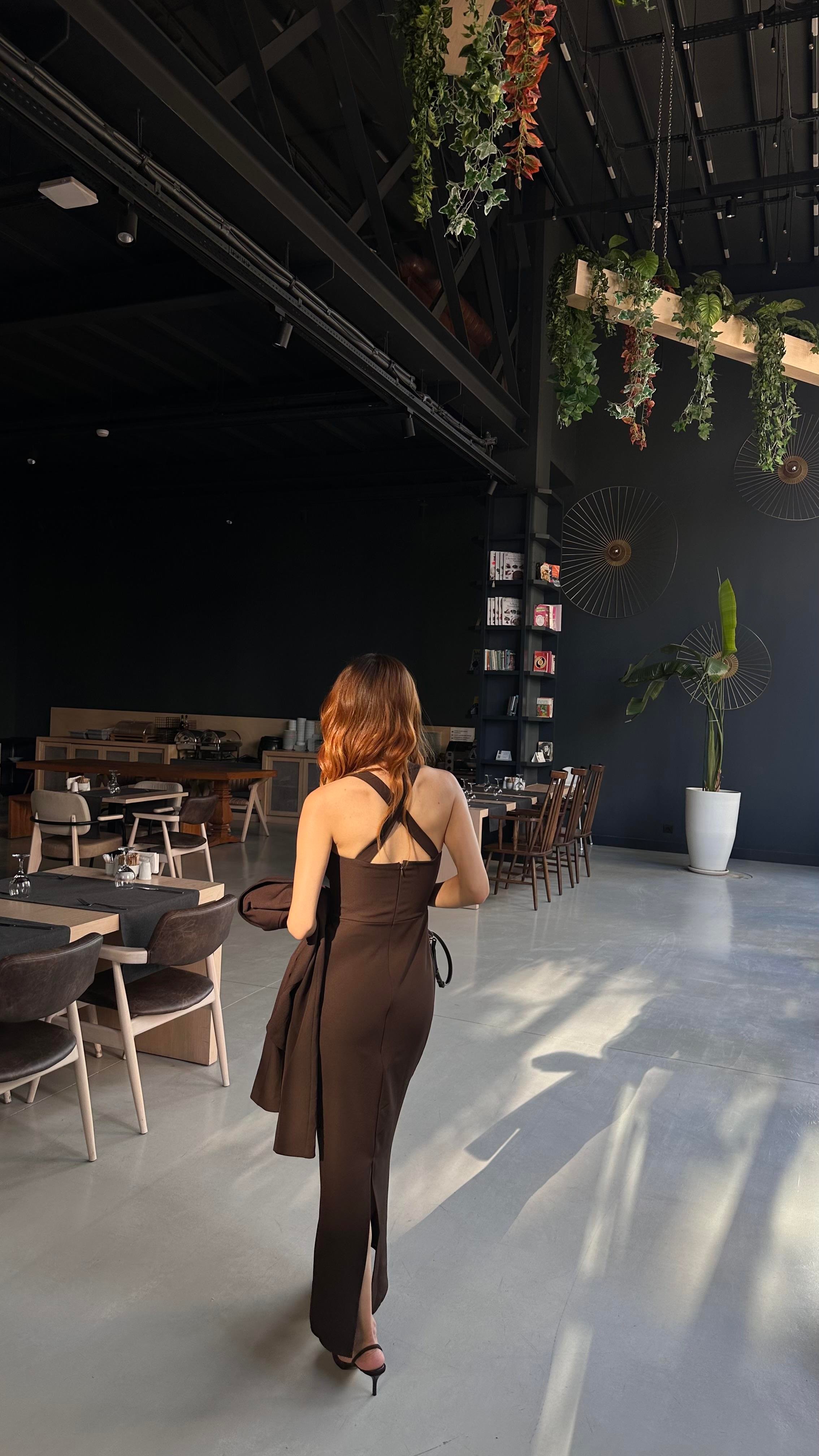 Kahve Kalem Elbise Ceket Takım 