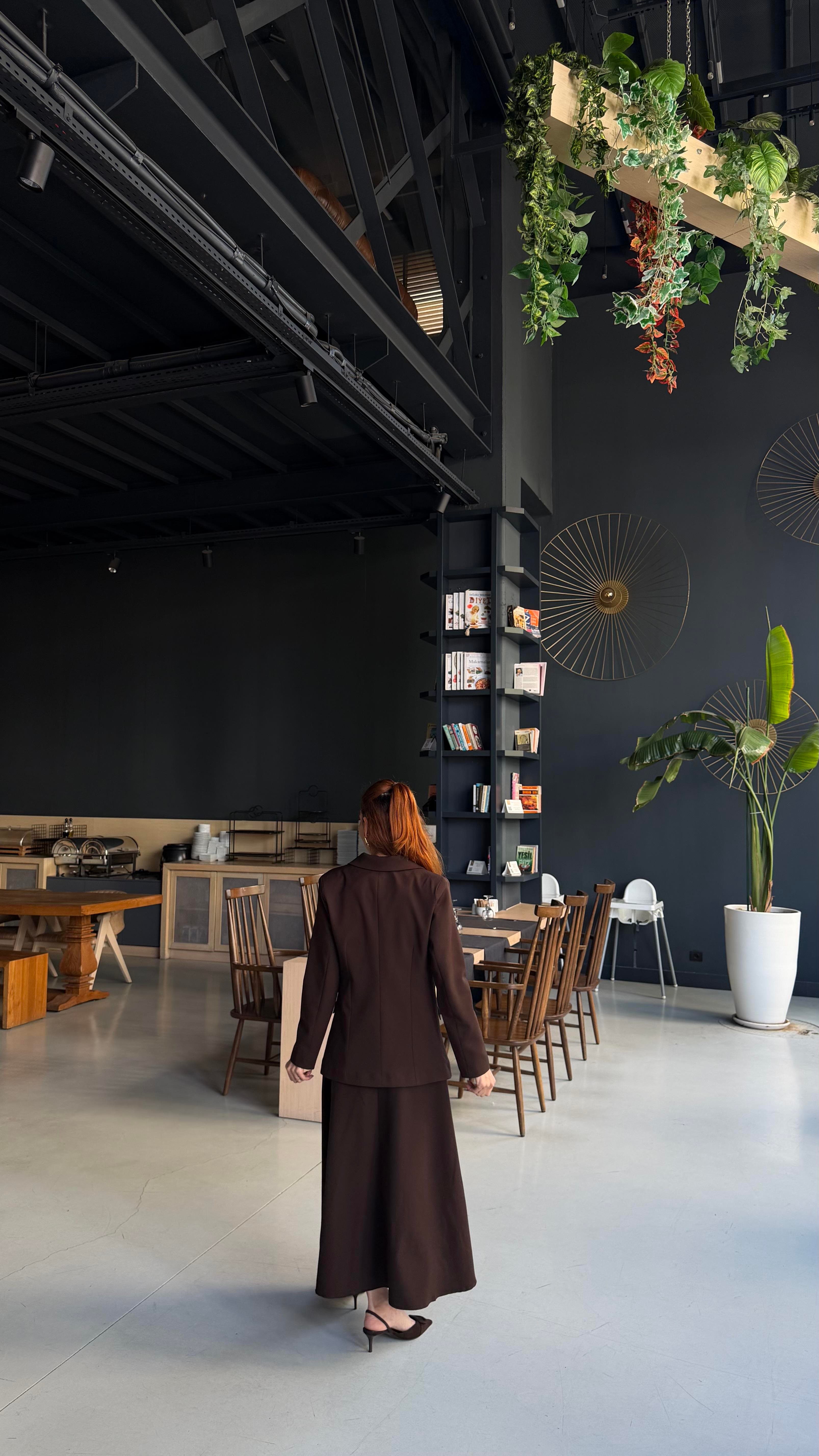 Kahve Uzun Elbise Astarlı Blazer Ceket Takım 