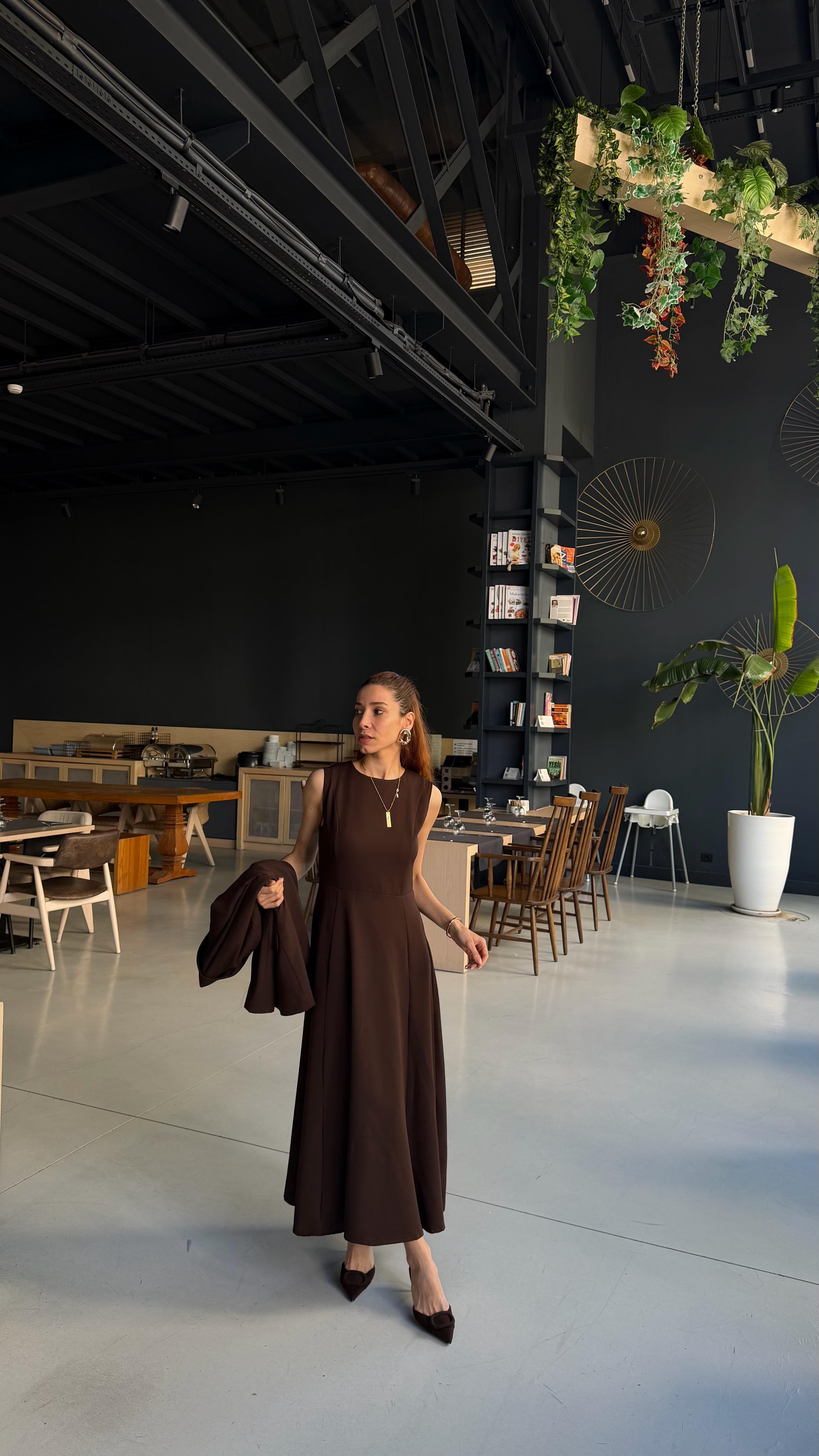 Kahve Uzun Elbise Astarlı Blazer Ceket Takım 