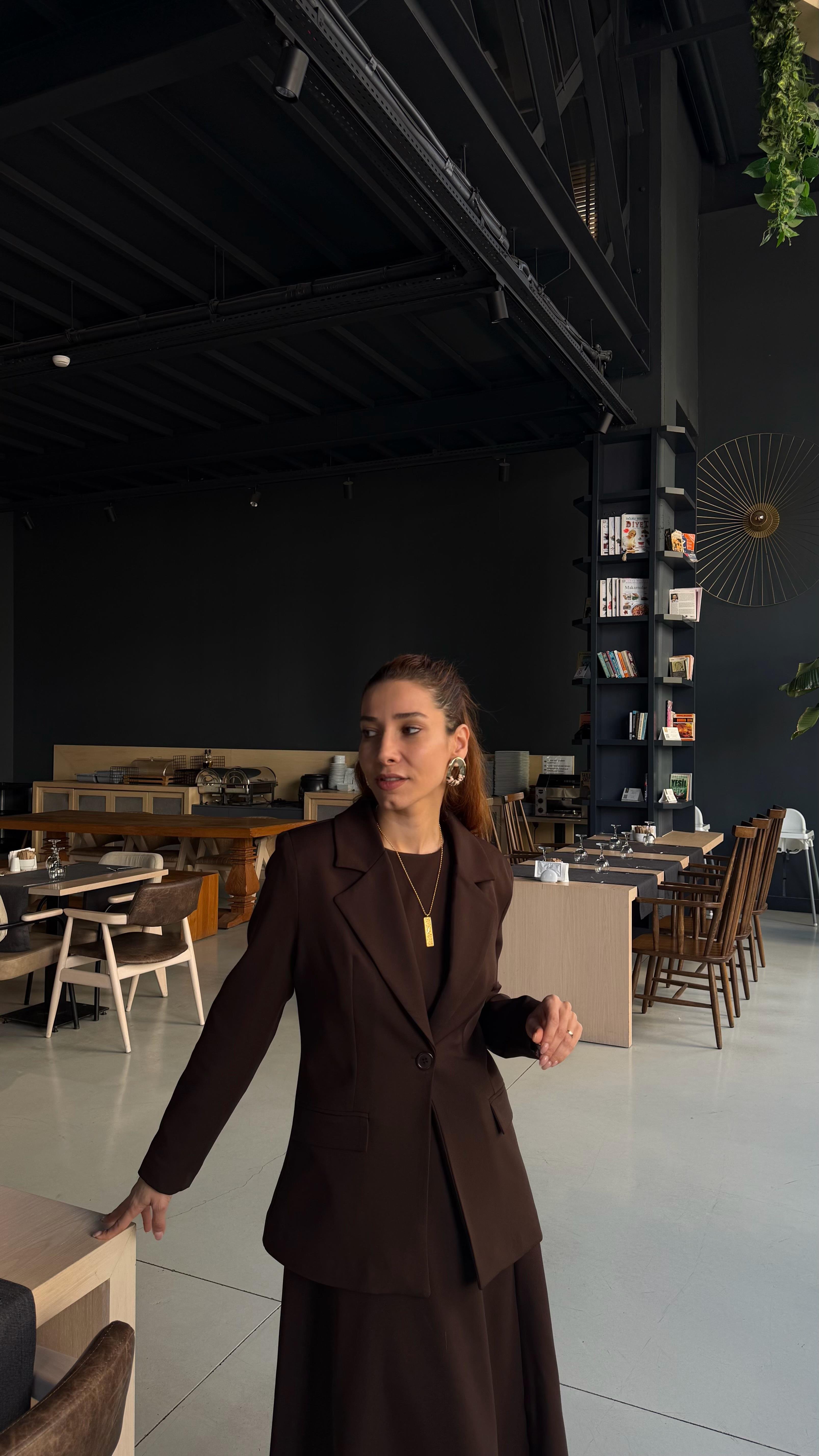 Kahve Uzun Elbise Astarlı Blazer Ceket Takım 