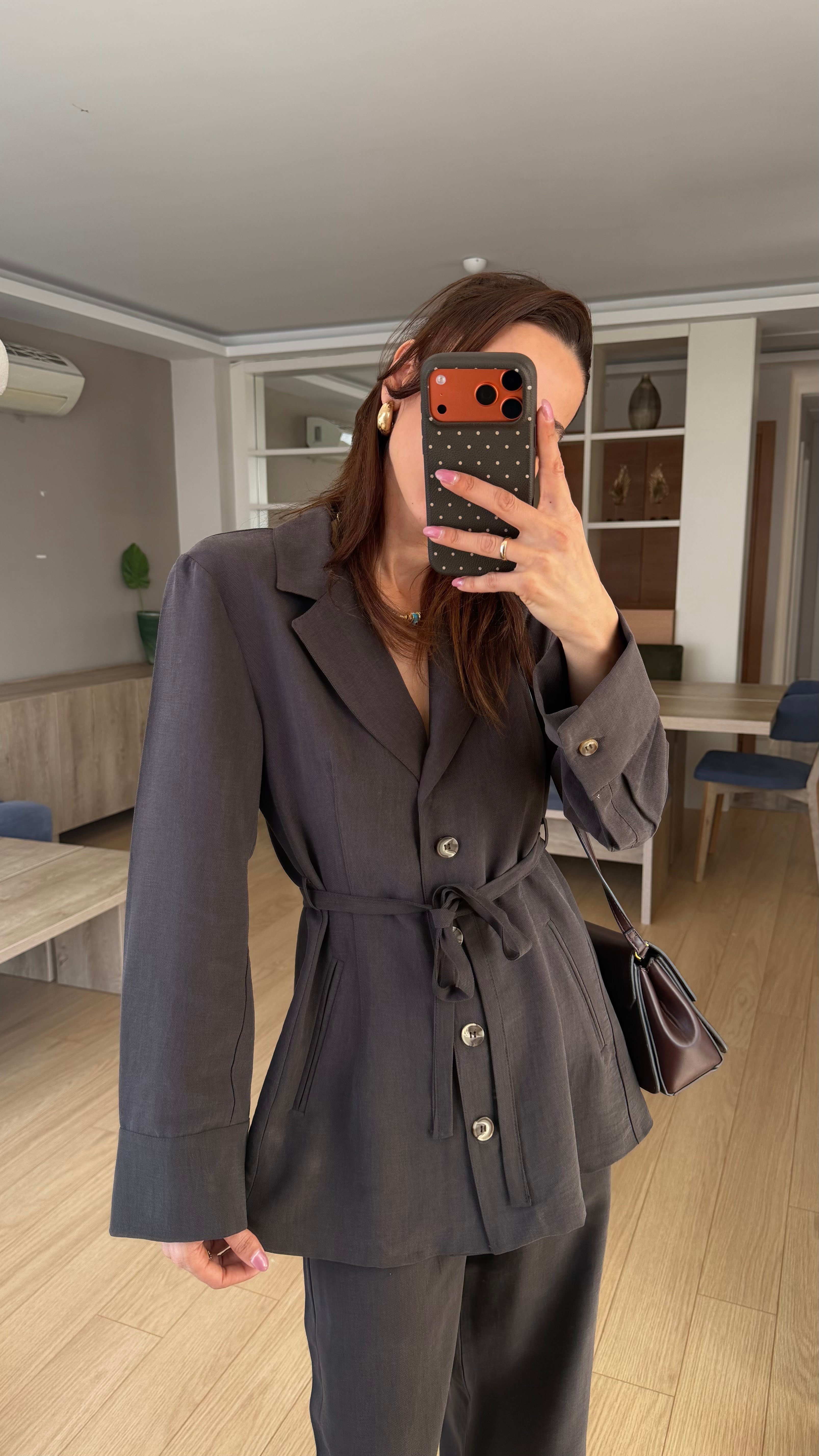 Kahve  Vatkalı Ceket Bel Lastikli Tensel  Takım 