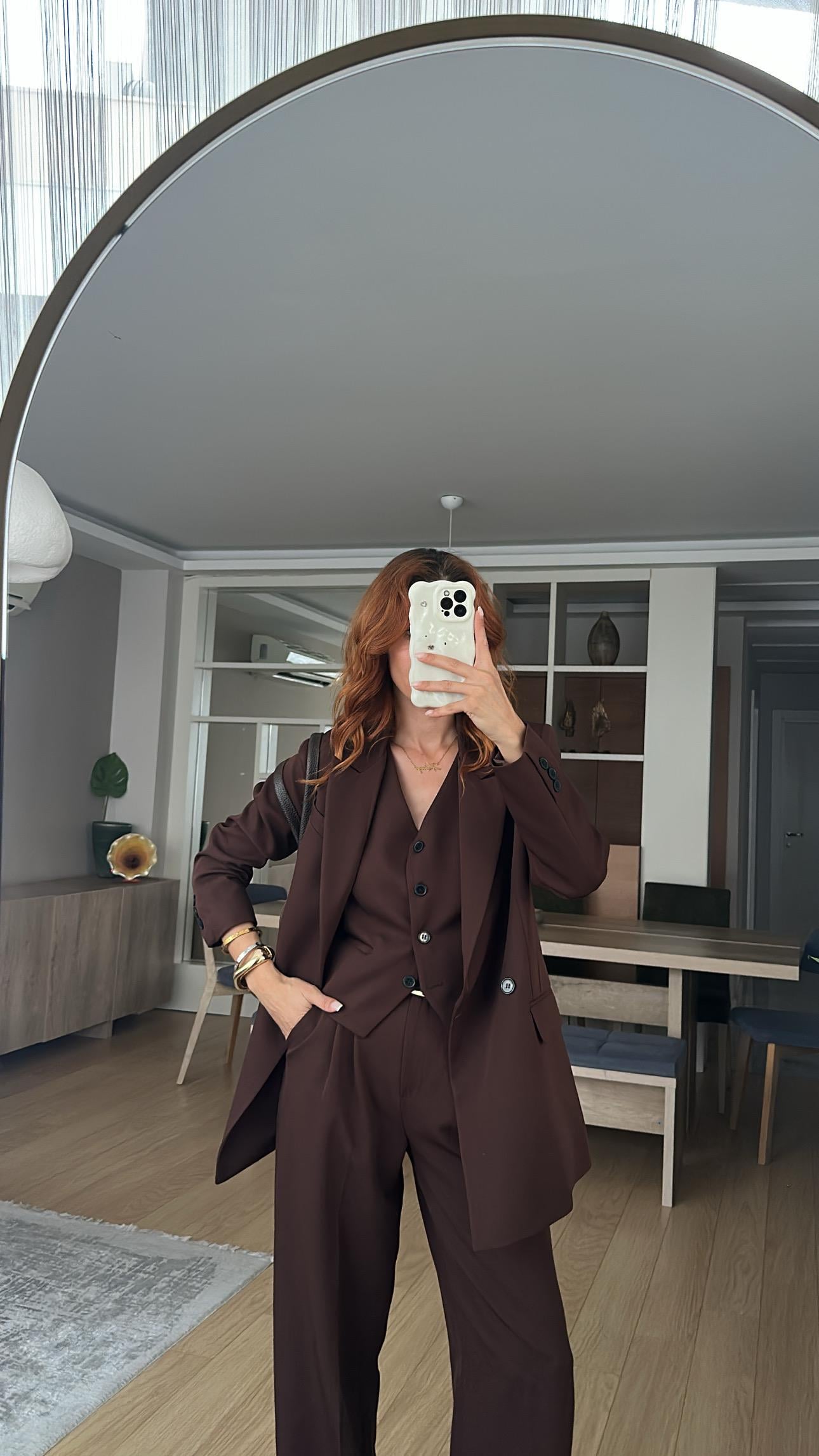 KAHVE YELEKLİ  PALAZZO OVERSİZE CEKET TAKIM ELBİSE1 