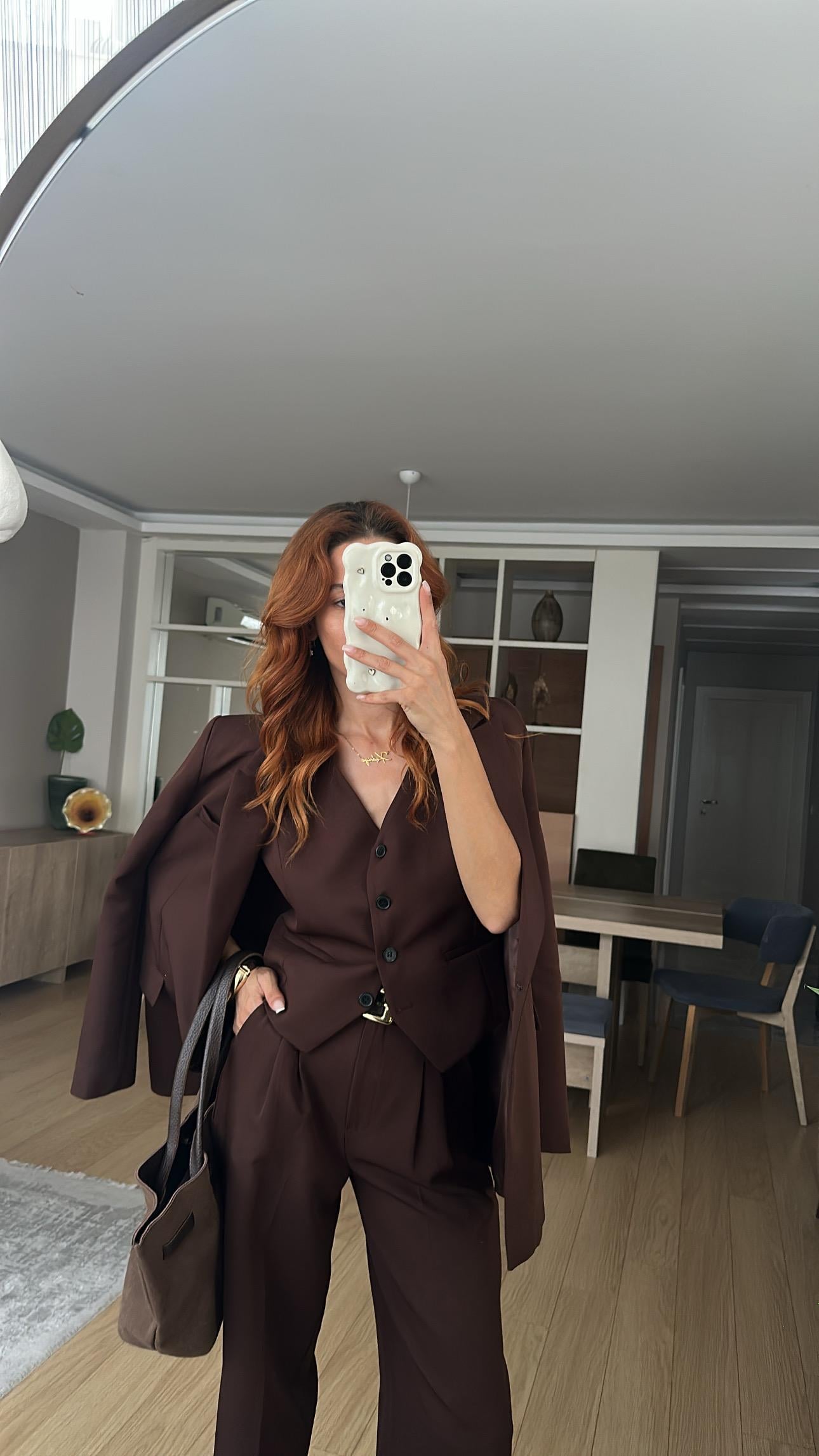 KAHVE YELEKLİ  PALAZZO OVERSİZE CEKET TAKIM ELBİSE1 