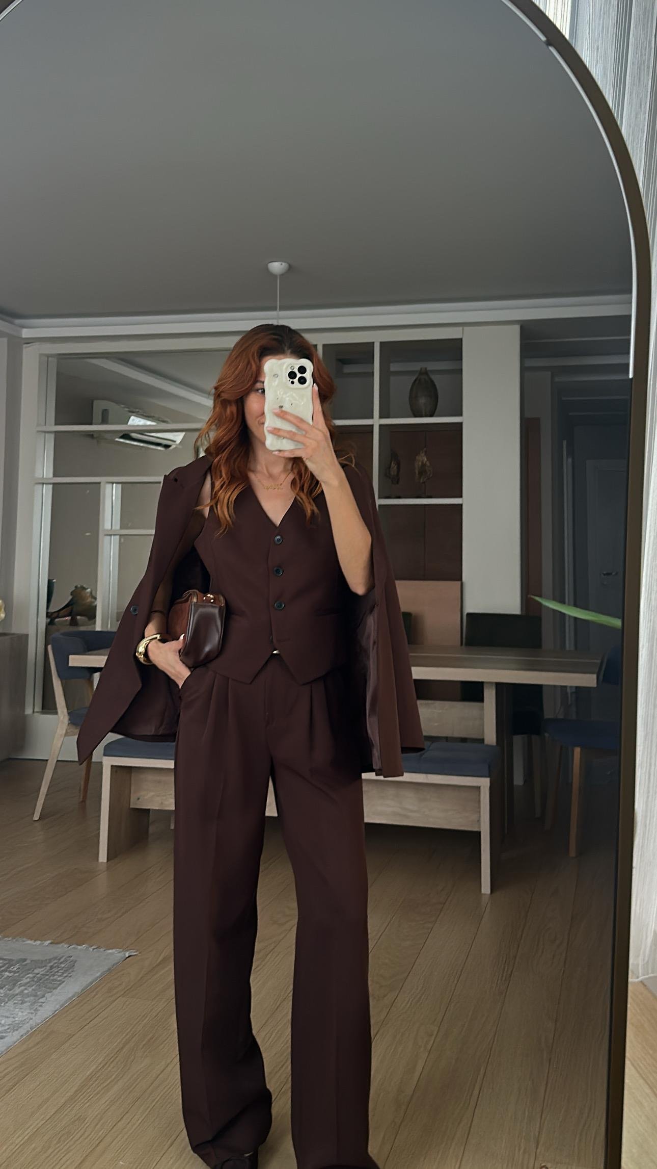 KAHVE YELEKLİ  PALAZZO OVERSİZE CEKET TAKIM ELBİSE1 