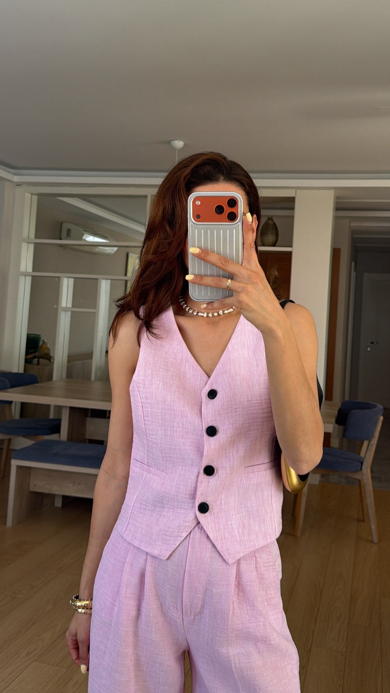 Keten Pembe Yelek Palazzo Pantolon Takım