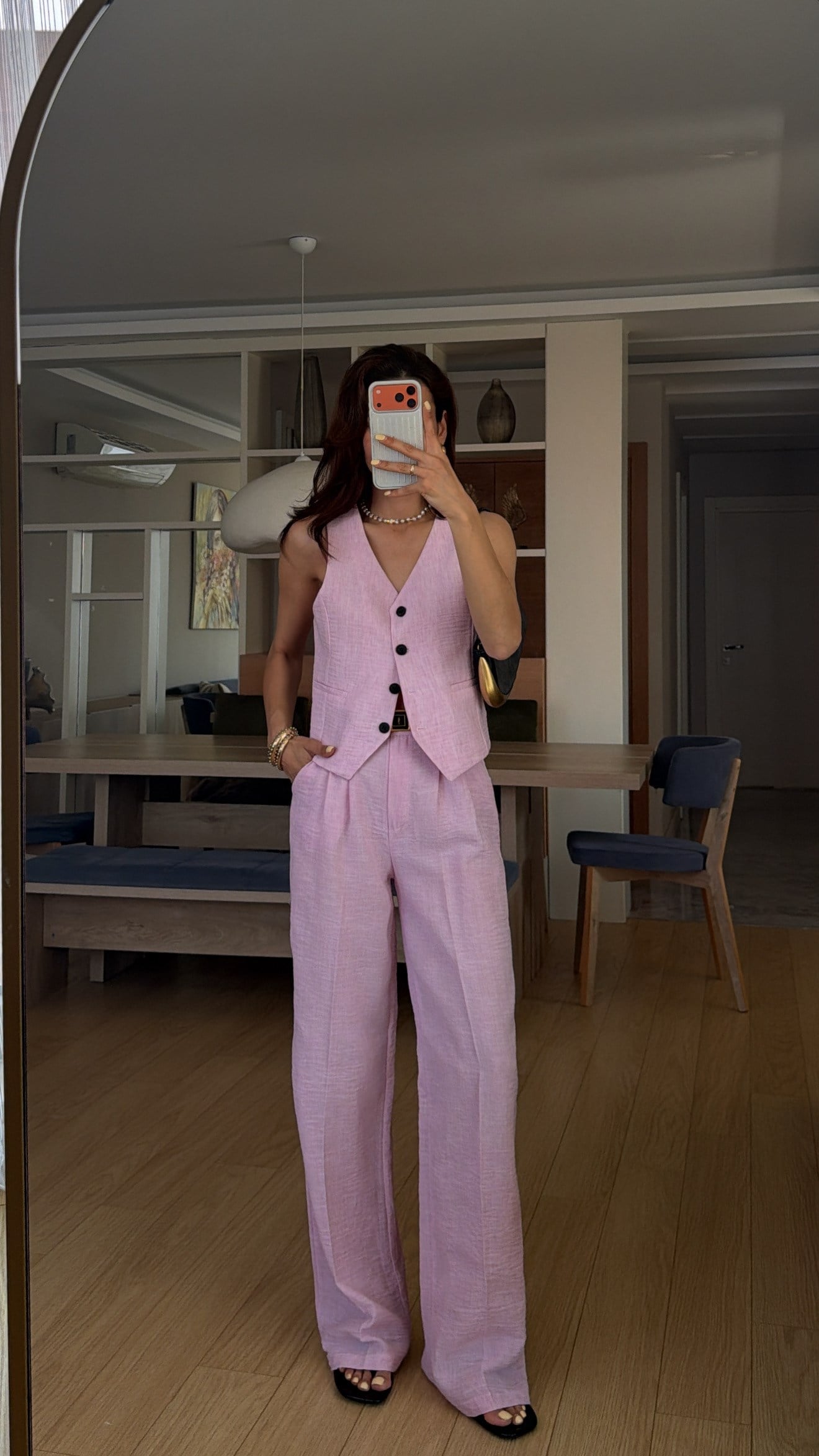 Keten Pembe Yelek Palazzo Pantolon Takım