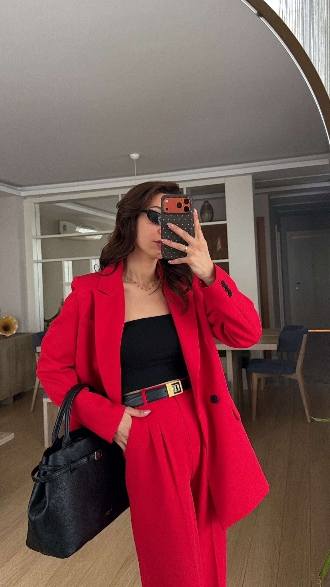 KIRMIZI PALAZZO PANTOLON  OVERSIZE ASTARLI CEKET TAKIM1