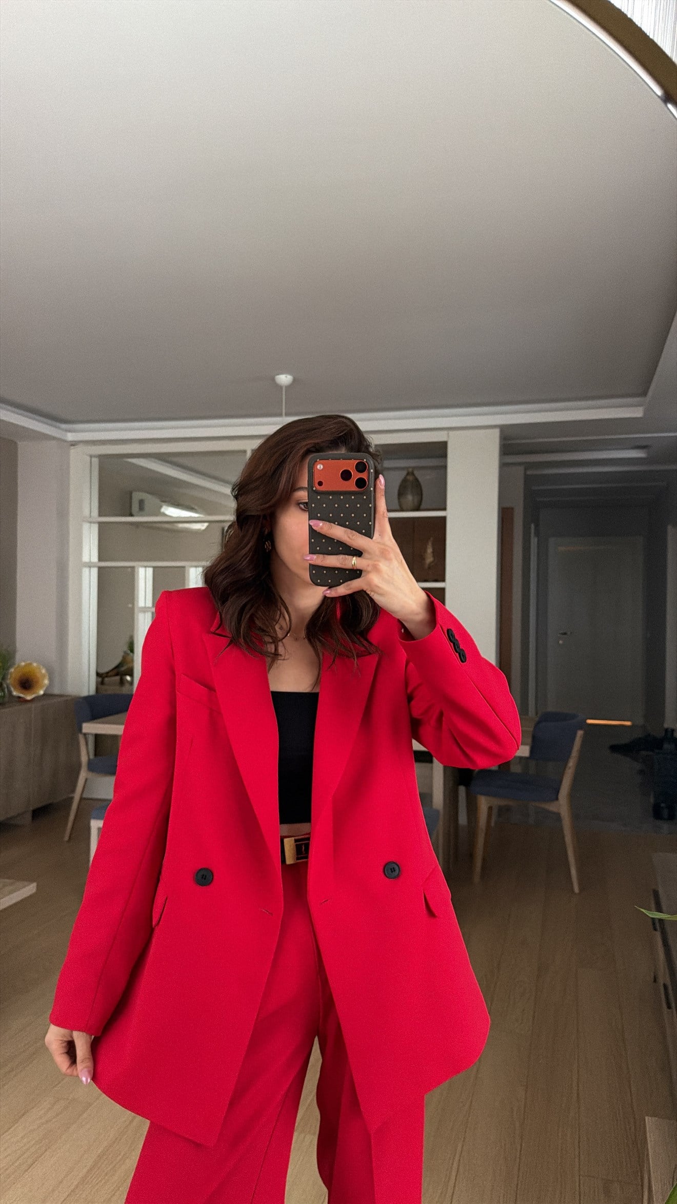 KIRMIZI PALAZZO PANTOLON  OVERSIZE ASTARLI CEKET TAKIM1
