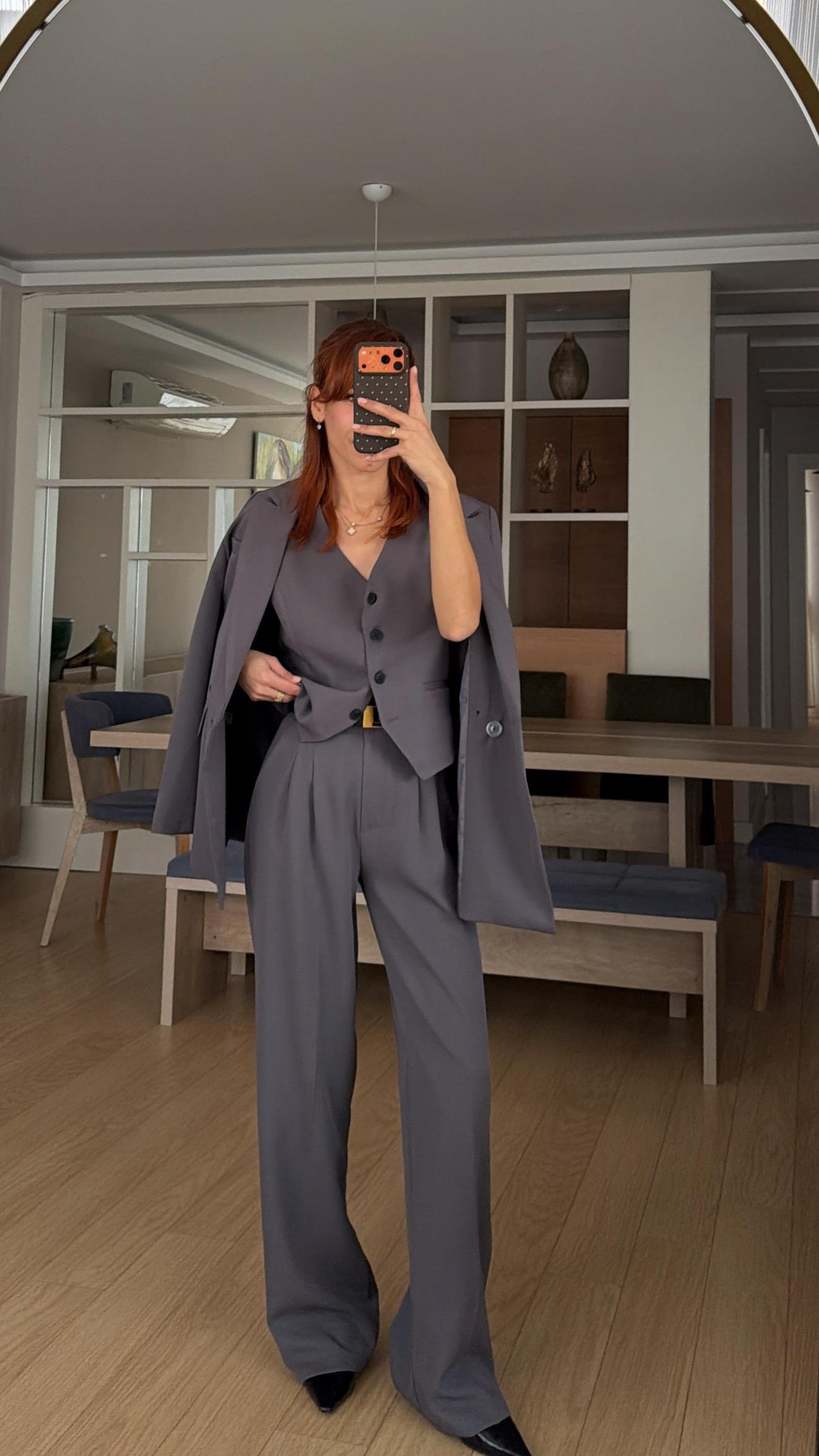 KOYU FÜME YELEKLİ  OVERSIZE CEKET YELEKLİ  PİLE DETAY PALAZZO OVERSİZE CEKET TAKIM ELBİSE