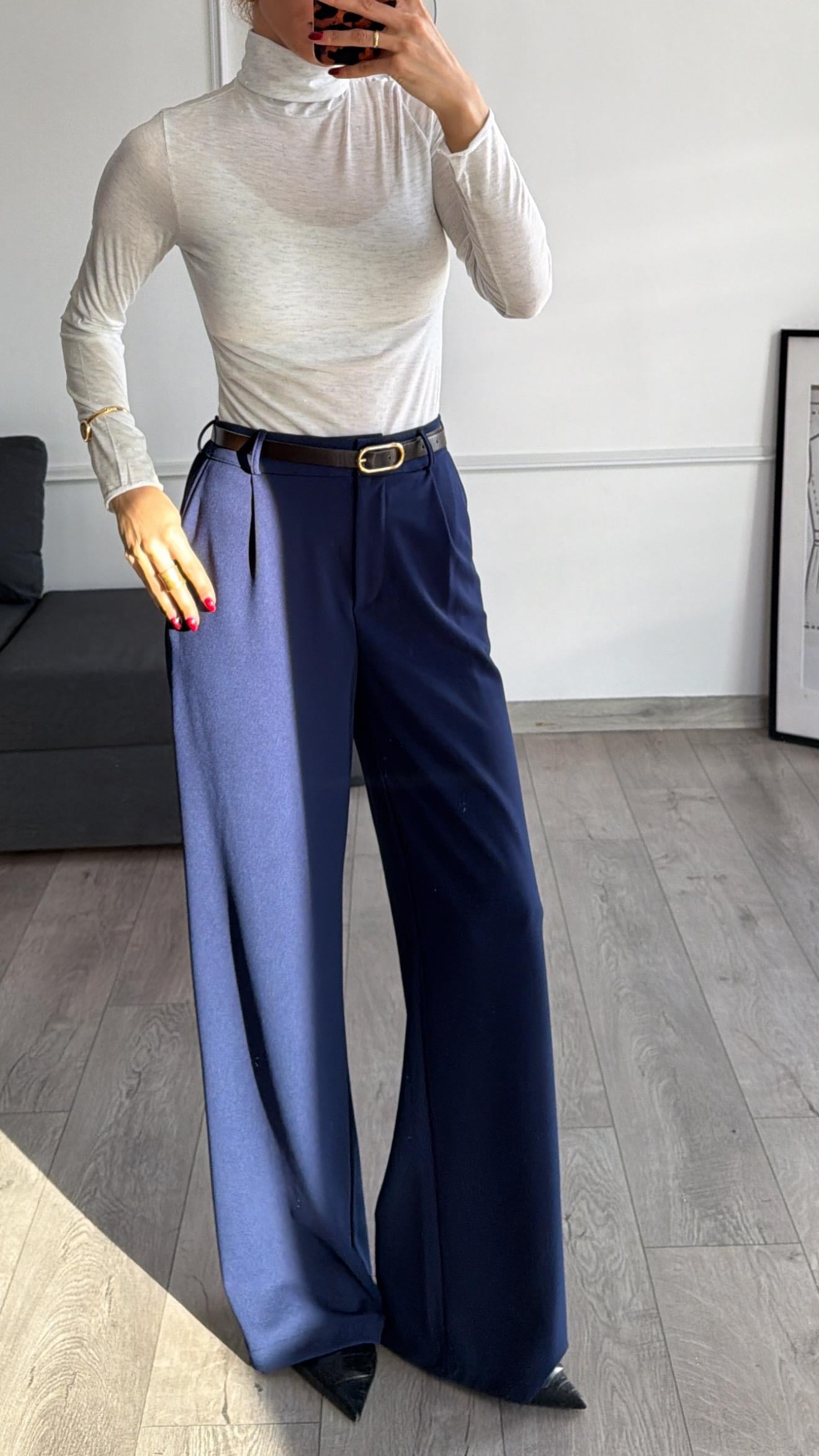 Lacivert Beli Lastikli Kemerli Bol Pantolon