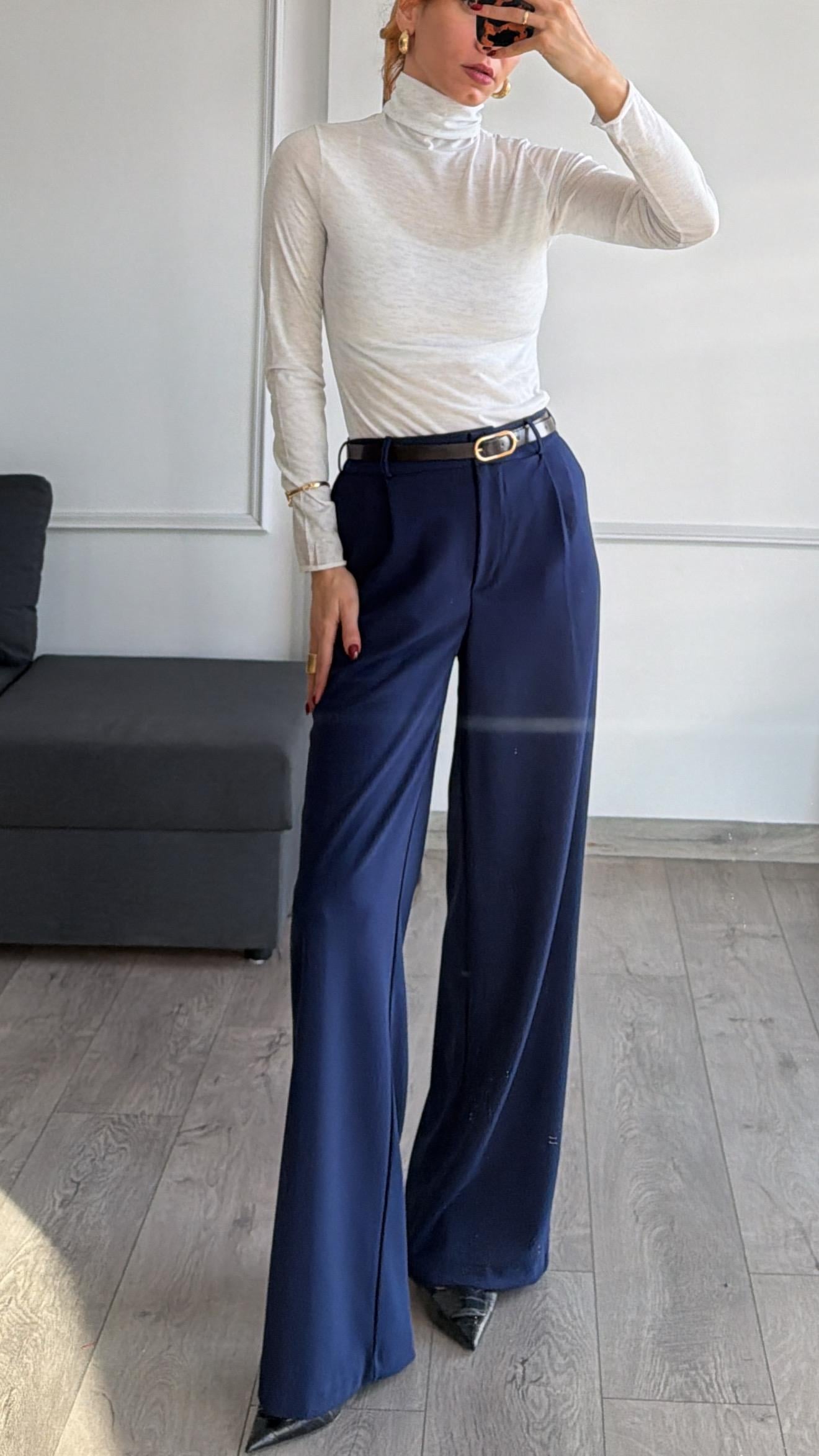 Lacivert Beli Lastikli Kemerli Bol Pantolon