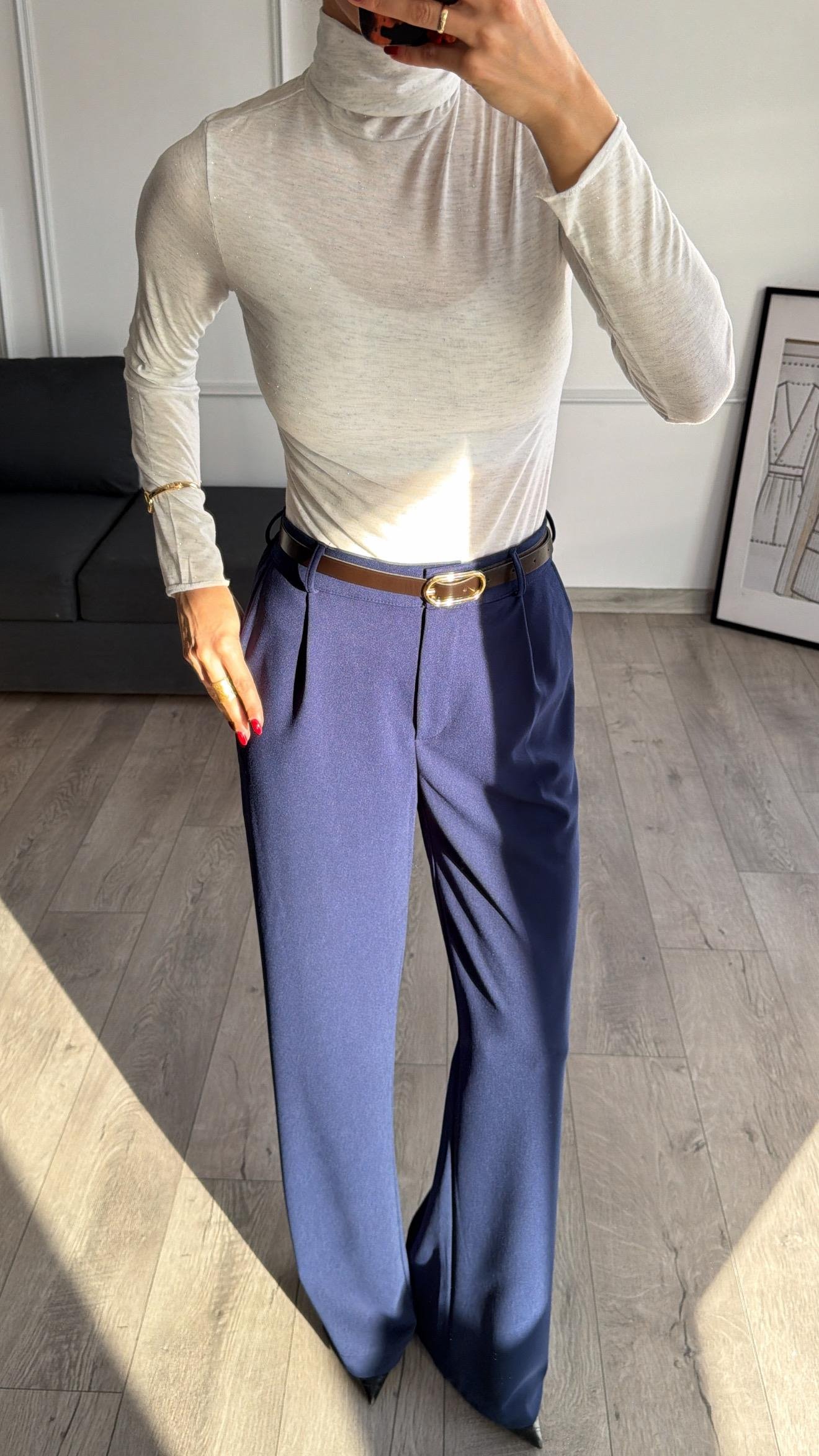 Lacivert Beli Lastikli Kemerli Bol Pantolon