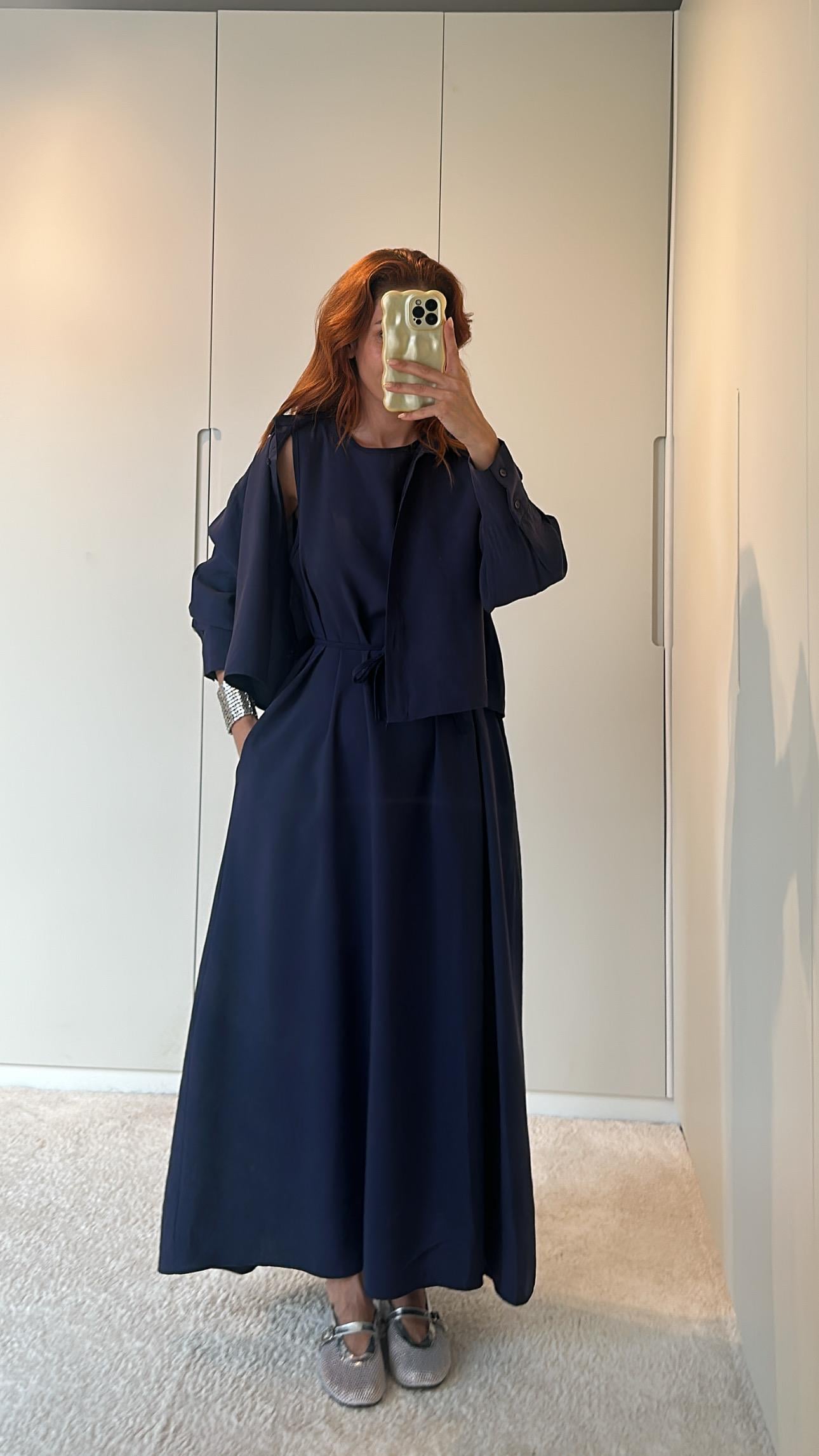 Lacivert Tensel Kumaş Cepli Uzun Elbise Gömlek Takım 