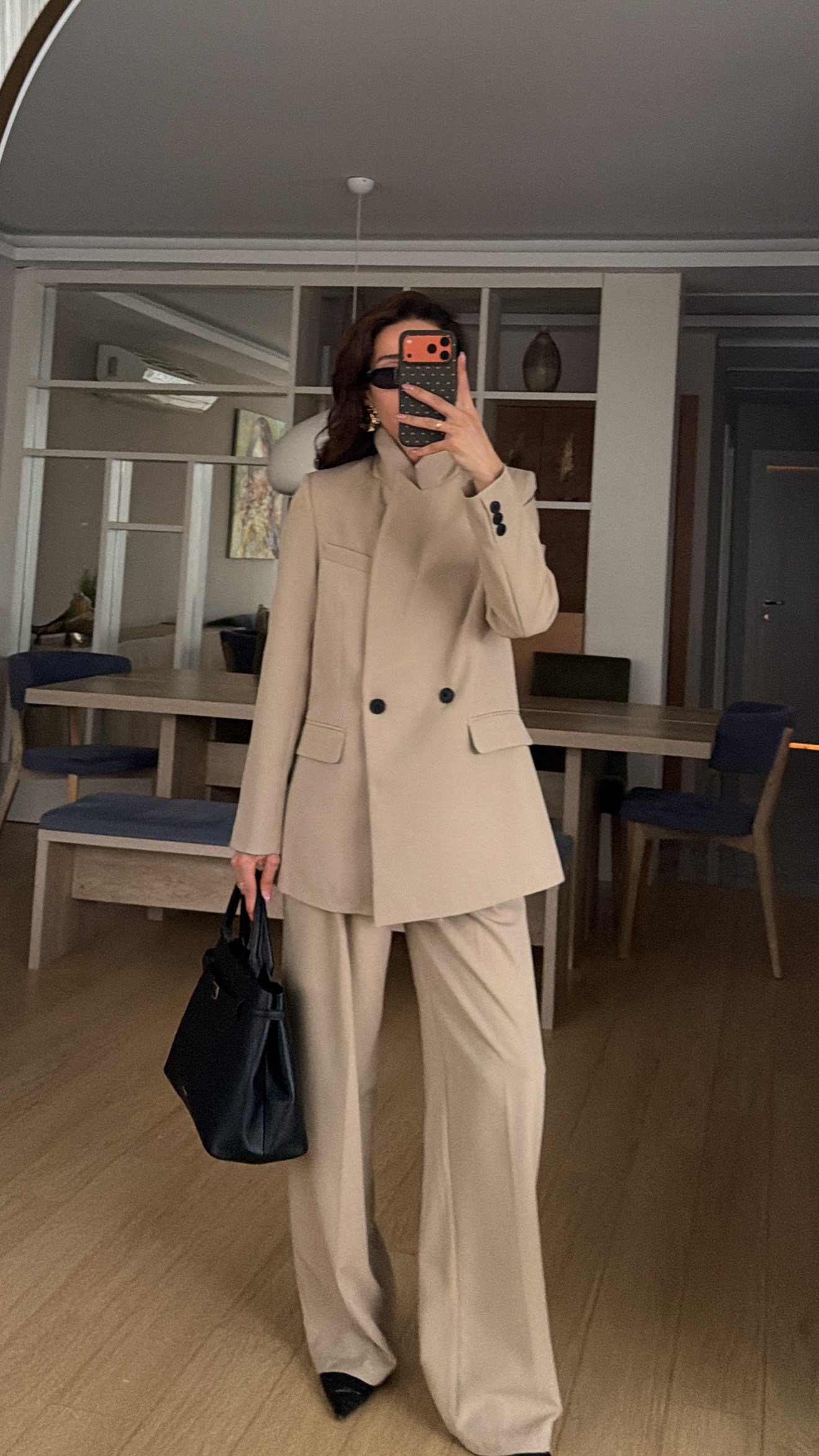 LATTE BEJ PİLE DETAY PALAZZO PANTOLON  OVERSİZE  ASTARLI CEKET TAKIM ELBİSE1