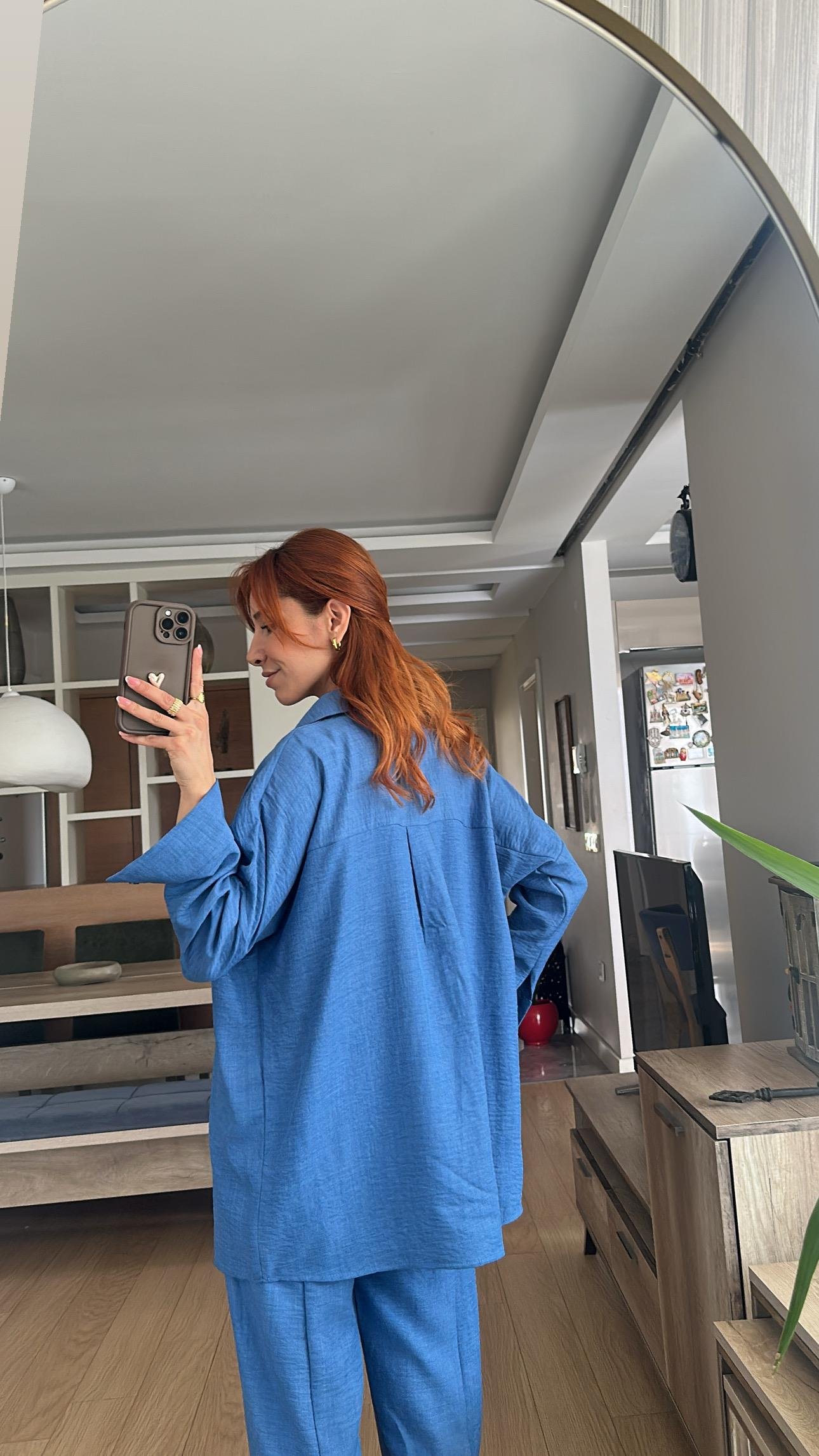 Mavi Bel Lastik Pantolon Gömlek Takım 