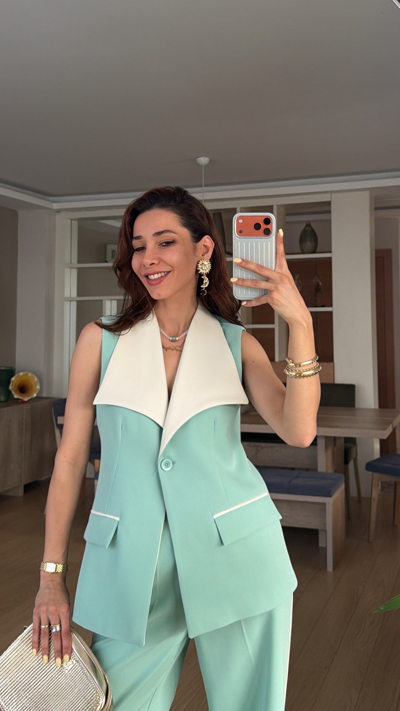 Mint Yeşili Garnili Geniş Yaka  Takım 