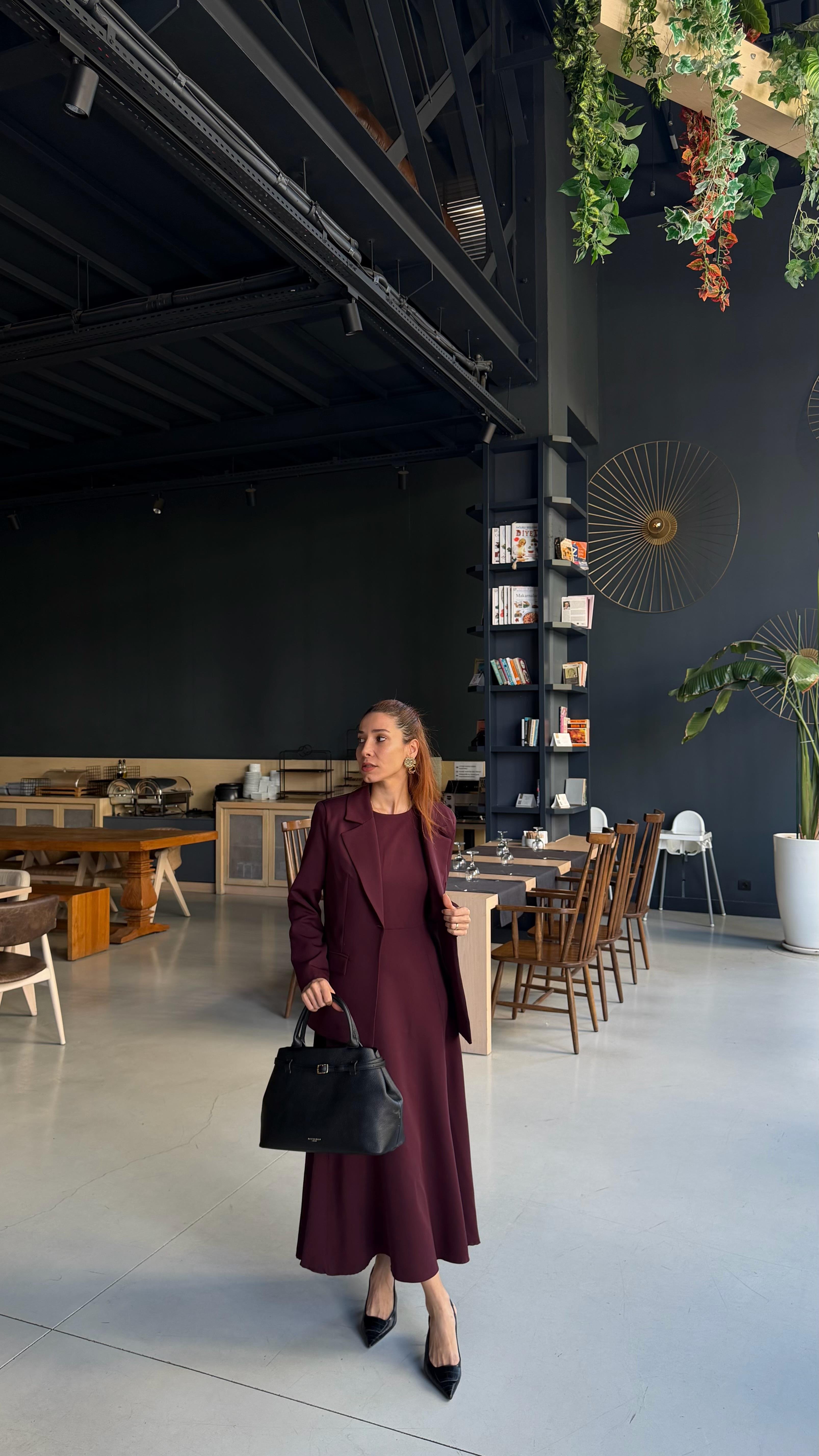 Mürdüm  Uzun Elbise Astarlı Blazer Ceket Takım 