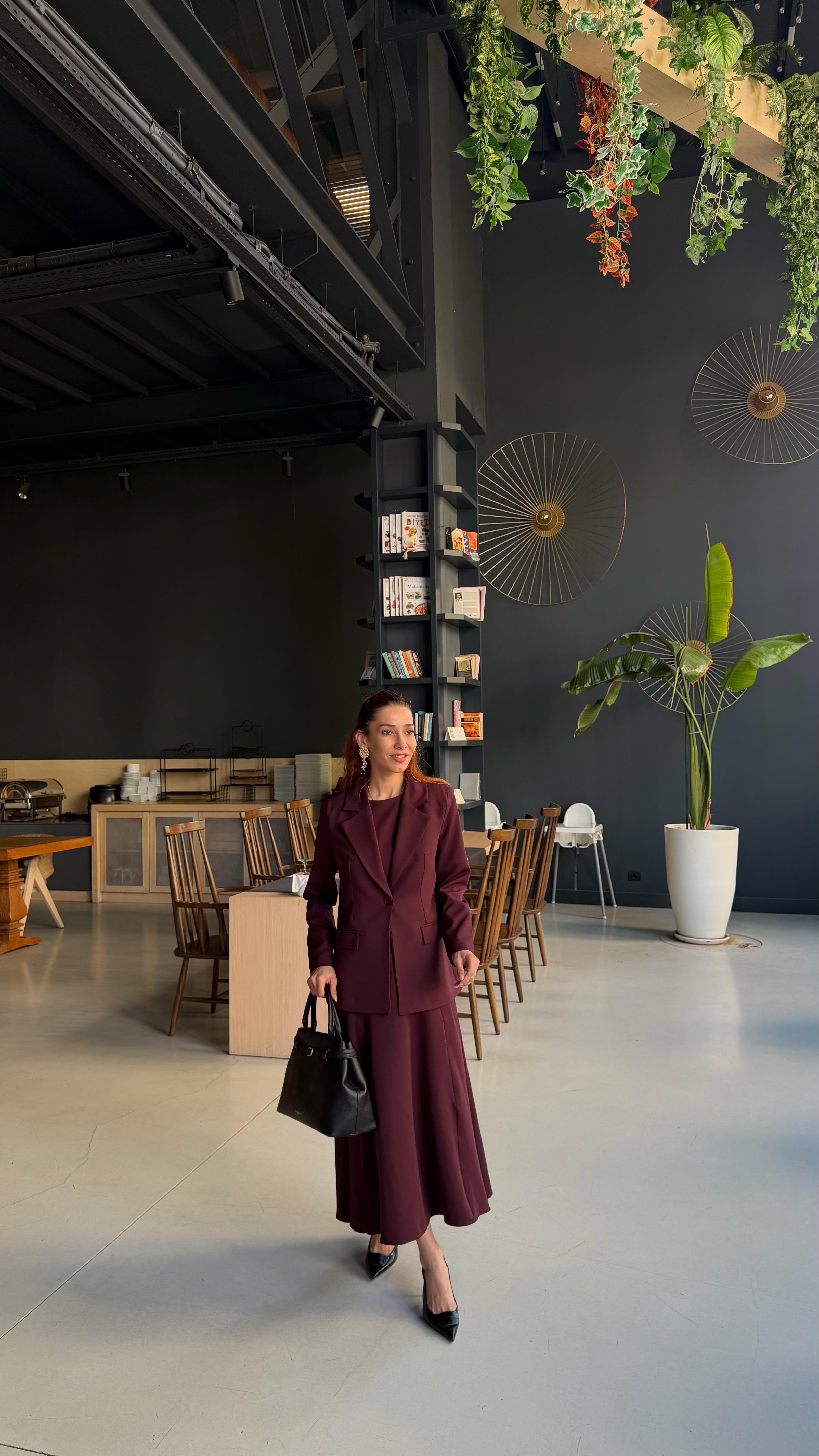 Mürdüm  Uzun Elbise Astarlı Blazer Ceket Takım 