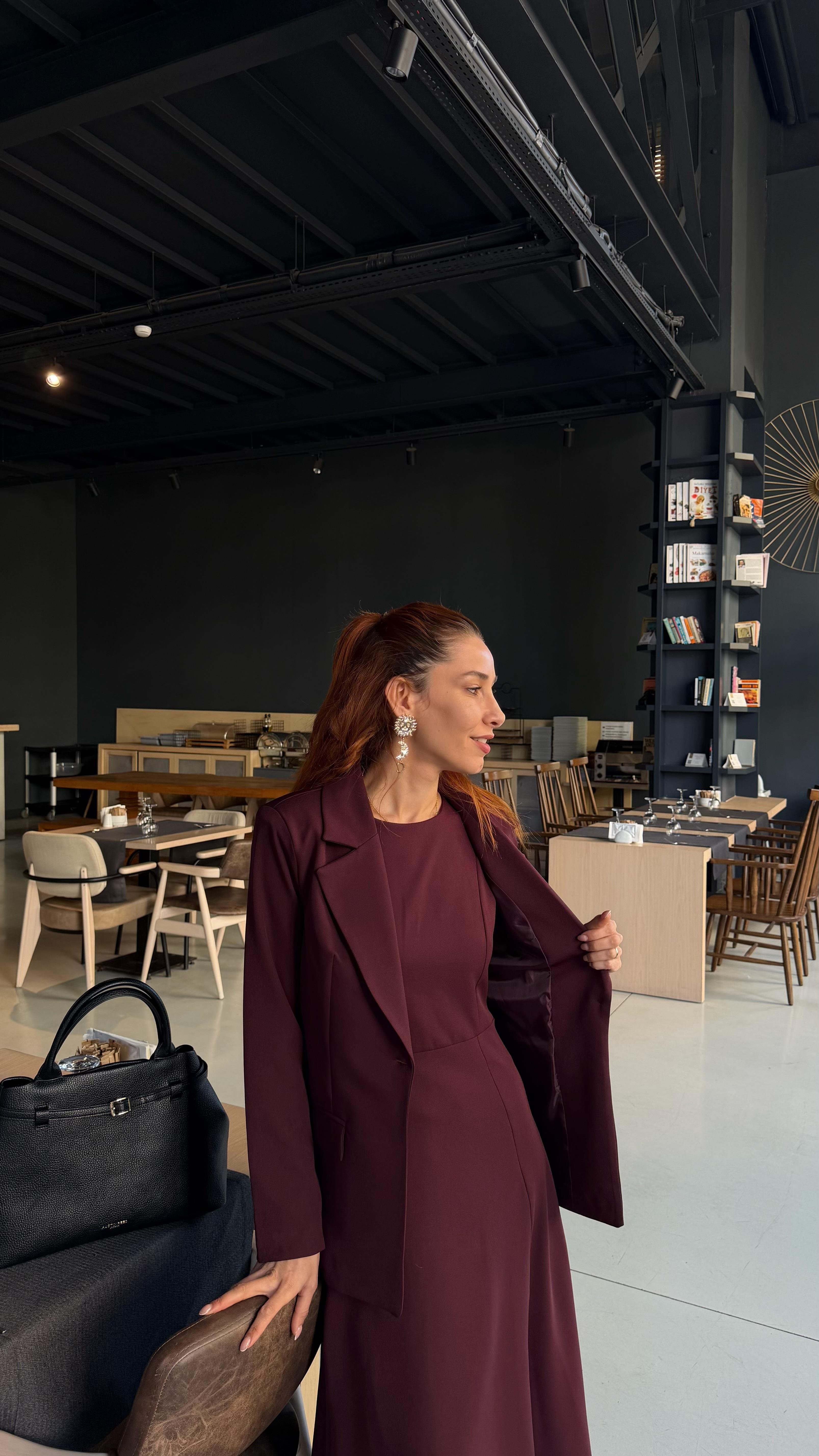 Mürdüm  Uzun Elbise Astarlı Blazer Ceket Takım 