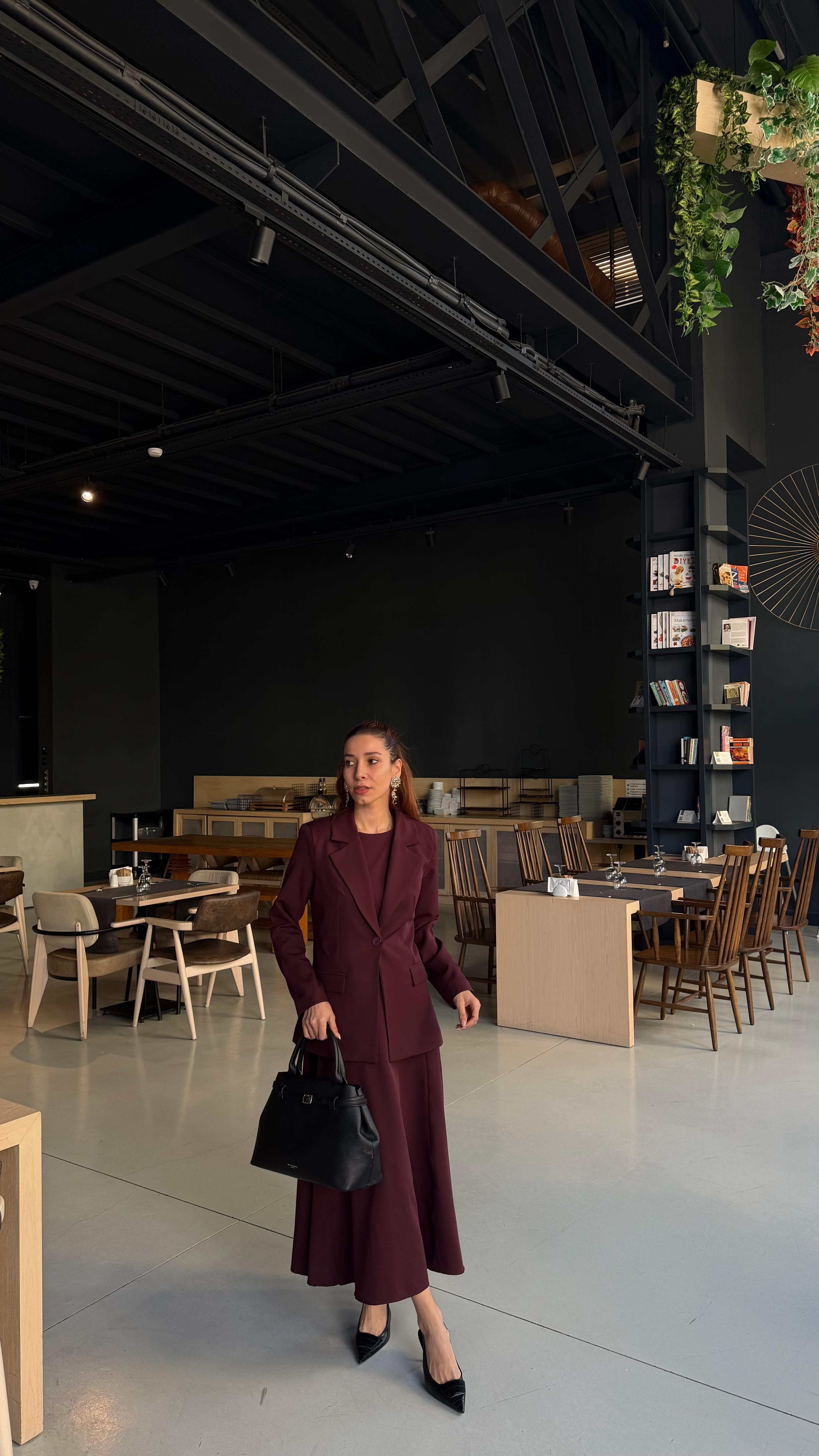 Mürdüm  Uzun Elbise Astarlı Blazer Ceket Takım 