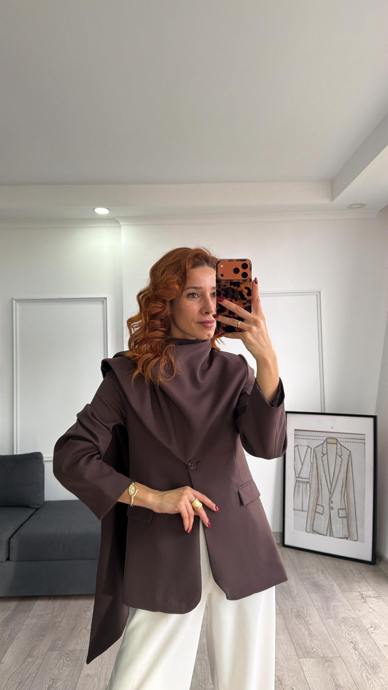 Pelerin Detaylı Blazer Kahve 