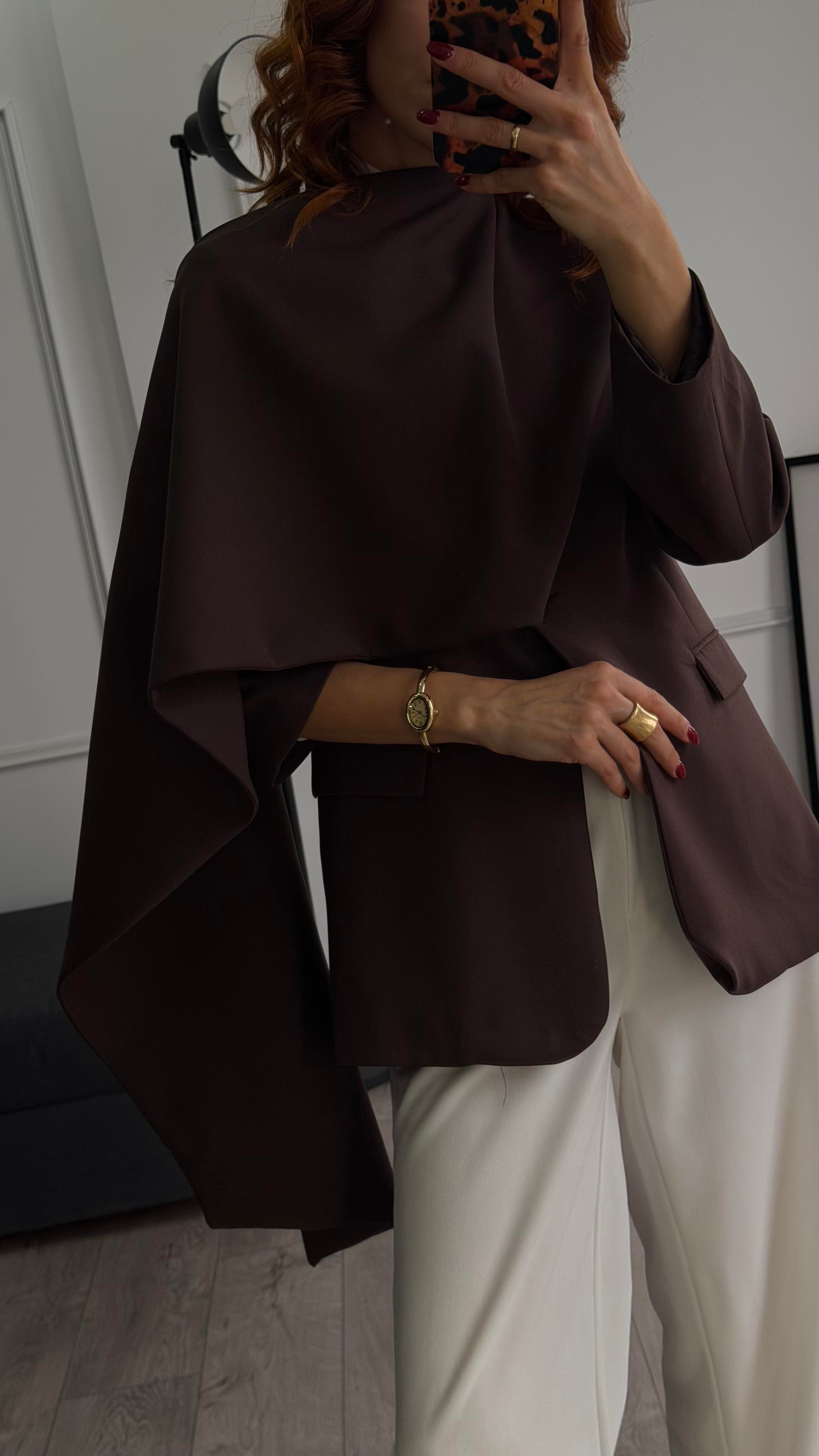 Pelerin Detaylı Blazer Kahve 