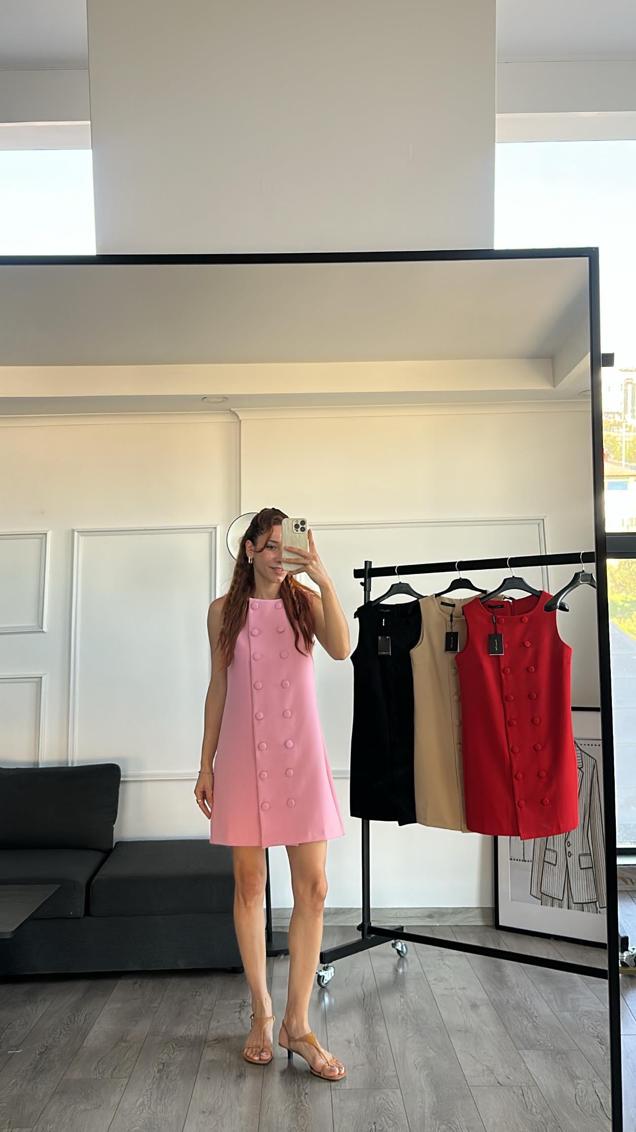 Pembe Önden Düğme Görünüm Detay Arka Fermuarlı Midi Boy Ekbise 