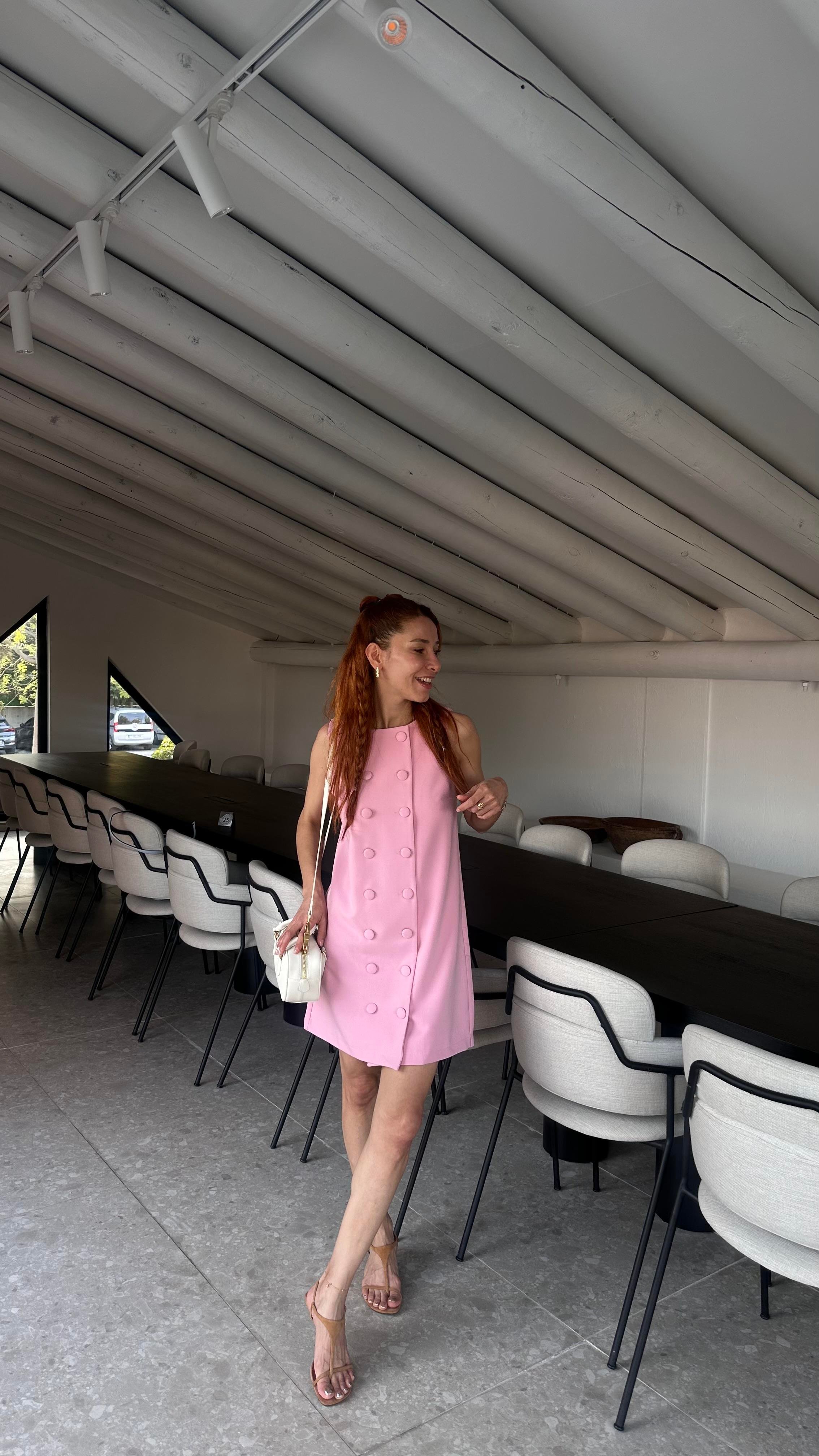 Pembe Önden Düğme Görünüm Detay Arka Fermuarlı Midi Boy Ekbise 