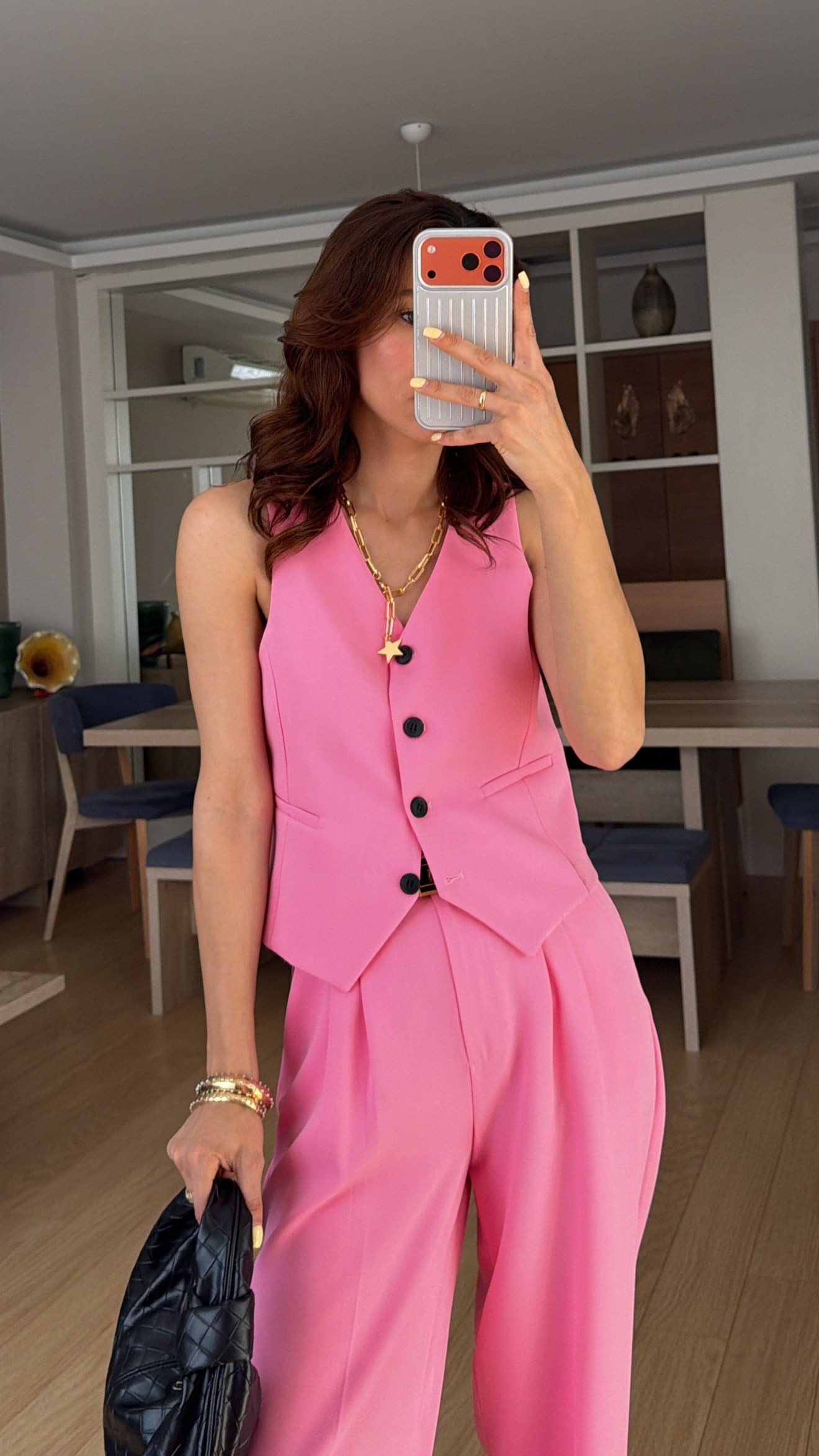 Pembe Yelek Palazzo Pantolon Takım