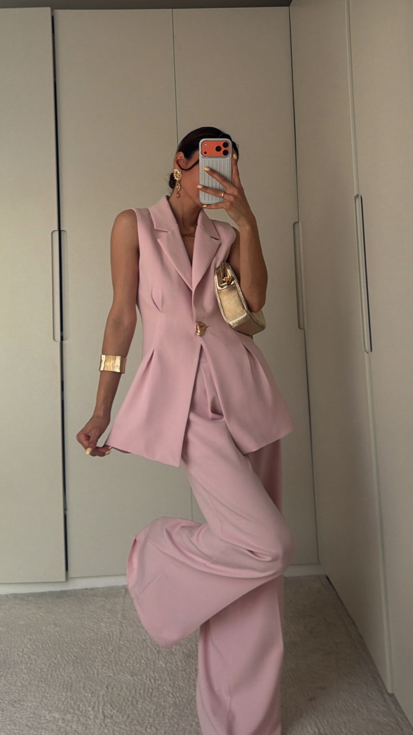Pudra Pembe Gold Düğmeli Belden Oturtma  Uzun Yelek Takım 