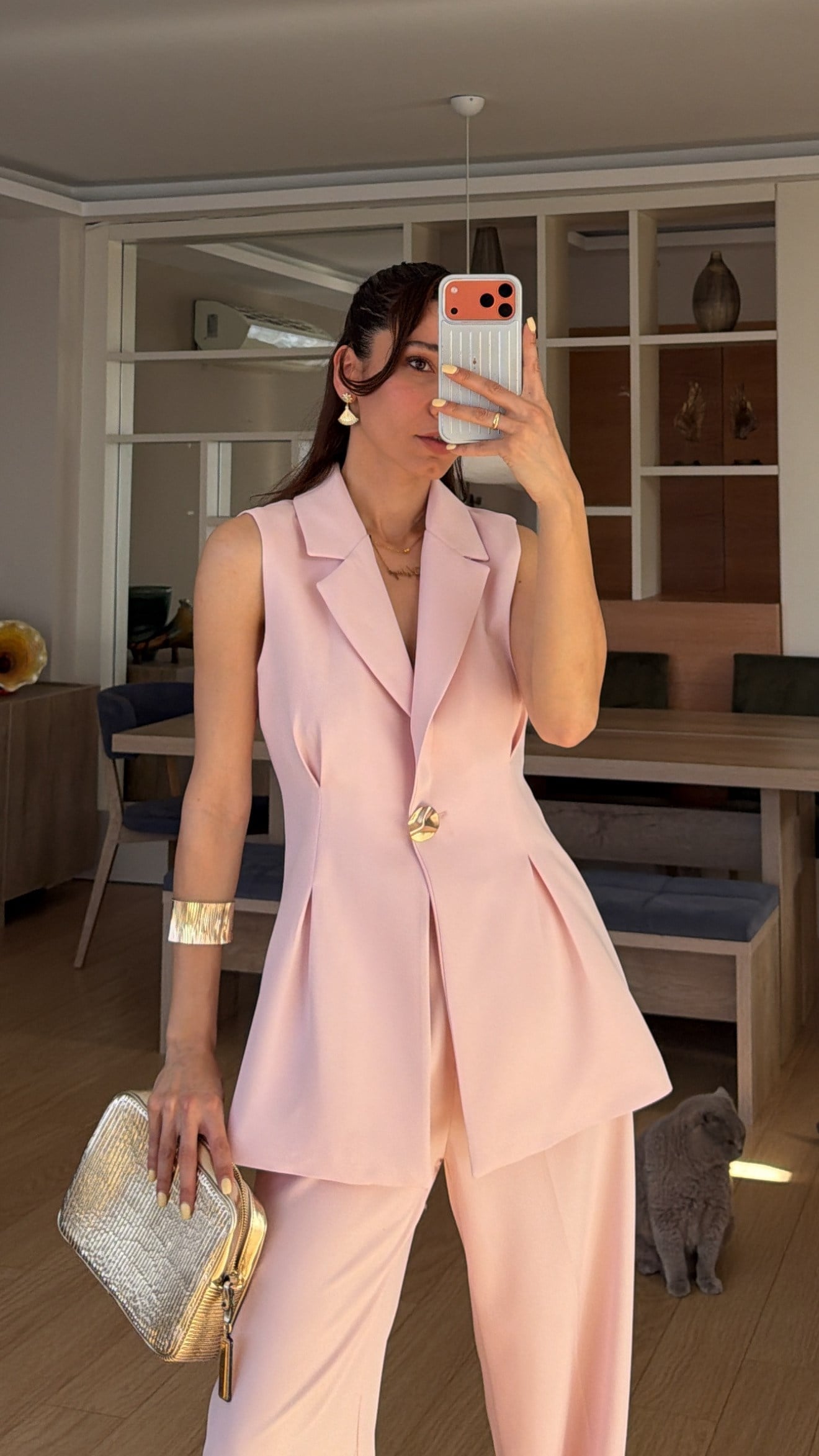 Pudra Pembe Gold Düğmeli Belden Oturtma  Uzun Yelek Takım 