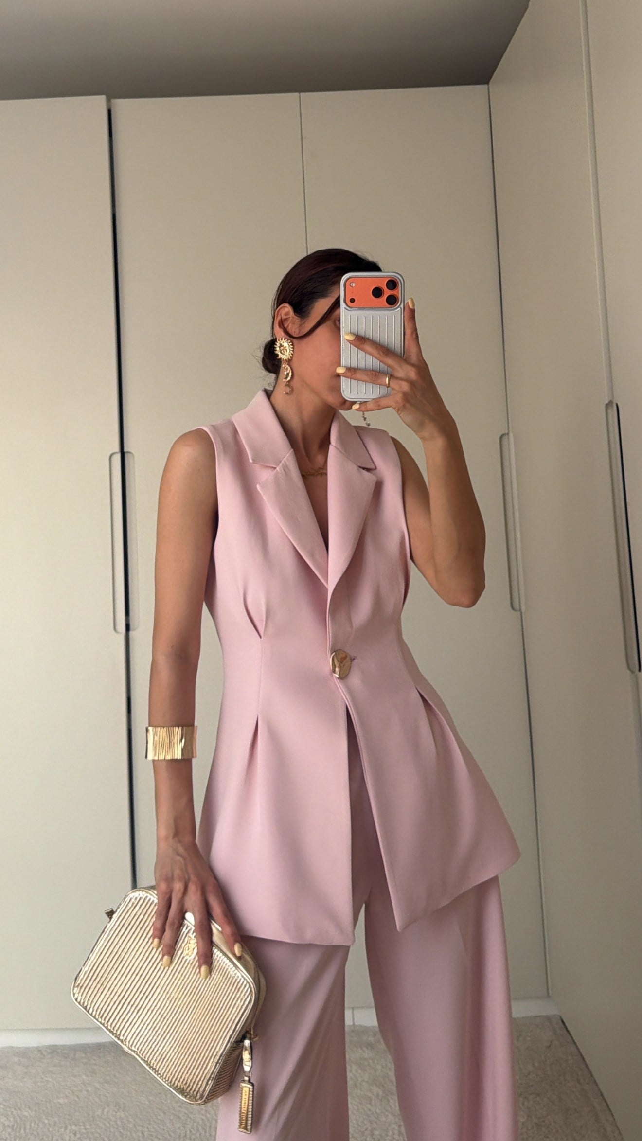 Pudra Pembe Gold Düğmeli Belden Oturtma  Uzun Yelek Takım 