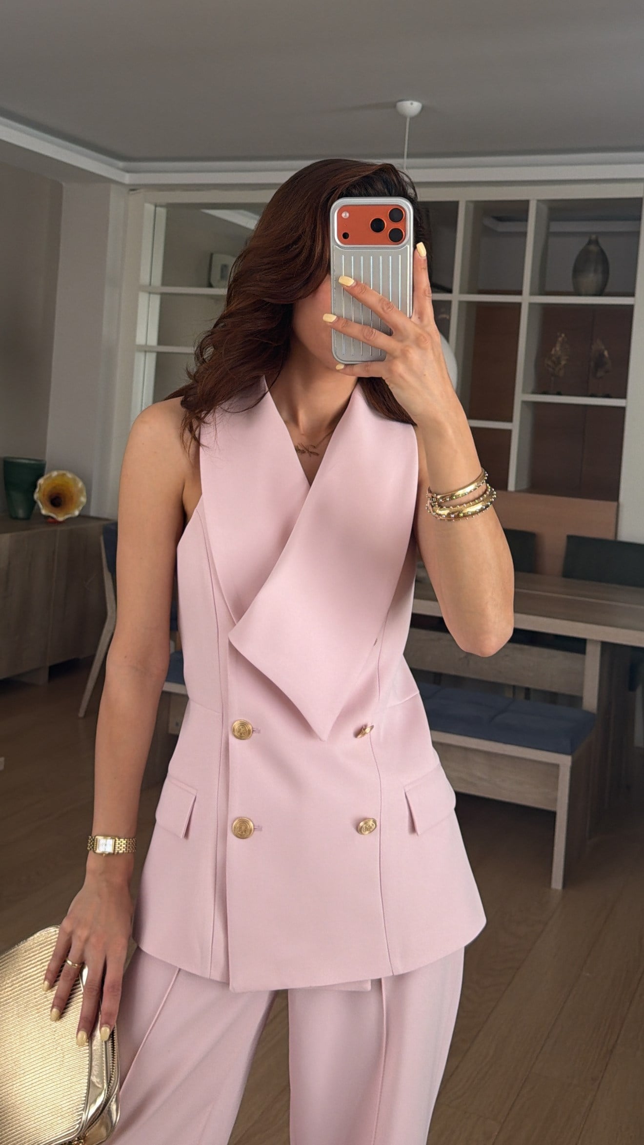 Pudra Pembe Şal Yaka Kruvaze Gold Düğmeli Yelek Pantolon Takım 